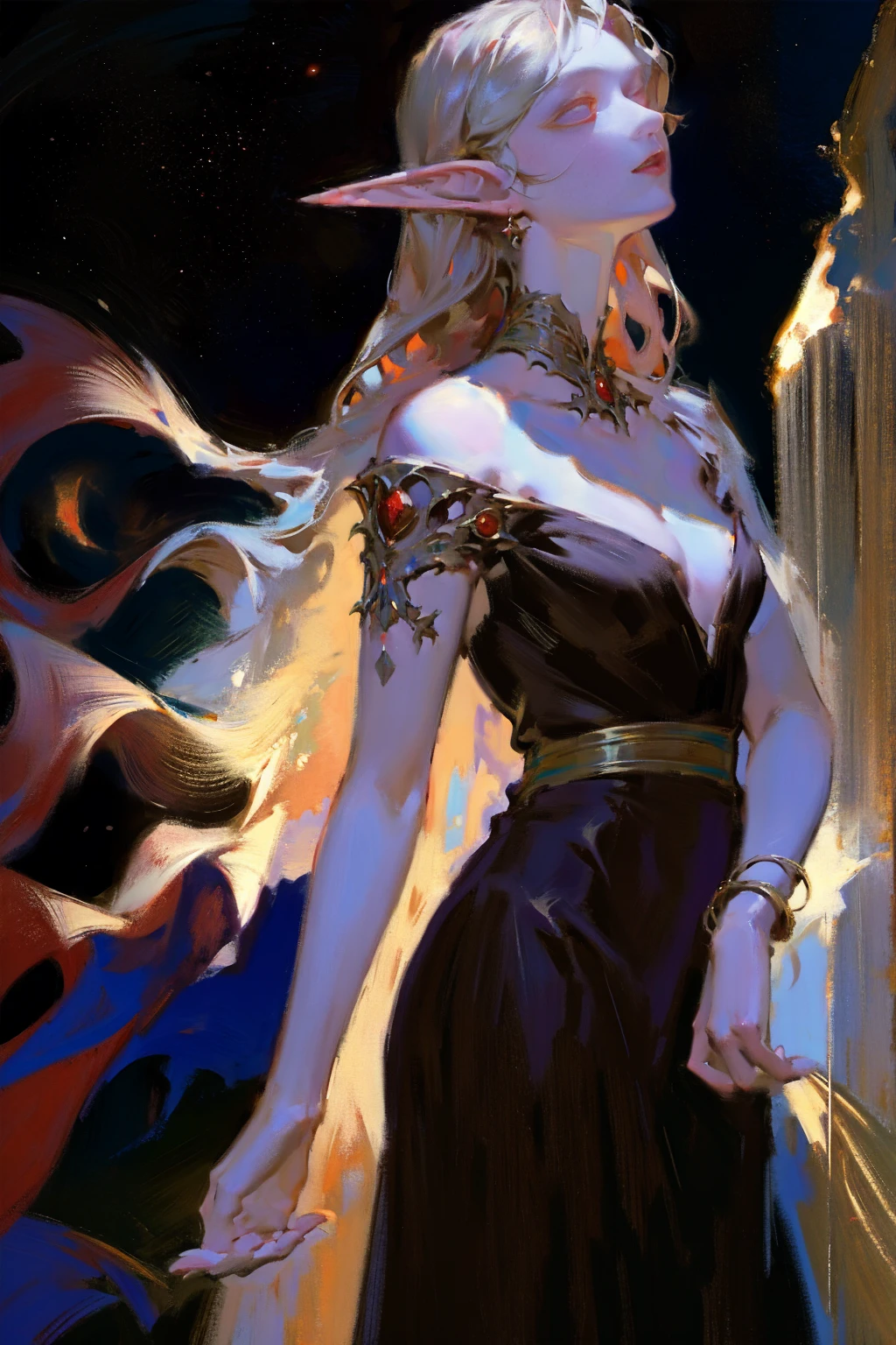 fullbody painting，detailed full body portrait，(The girl looks up at the stars), masterpiece, best quality, realistic illustration, regal elegant drow elf witch looking over porcelain balcony, arm support, (piercing red eyes), portrait, close-up, depth of field, (light particles:1.1), bloom, HDR, night sky,  Mandy Jürgens (Mandy Jurgens) Realistic paintings created, arte figurativa, Detailed depiction of the, realistically, An artwork of, contours， seen from the side， simple backgound