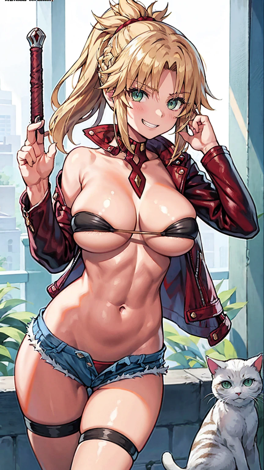 masterpiece, best quality, illustration, City Streets, 1 Girl, Mordred \(destiny\), Cowboy shooting, clavicle, Detailed Blonde Ponytail, Green Eyes, Red leather jacket, White short top, Denim shorts,navel,Thigh high,Grin, cover_Cat,skin,long_sword, Huge breasts:1.4，Full, straight breasts，Showing cleavage，Nipple protrusion，Belly button，Thigh straps，No thongs