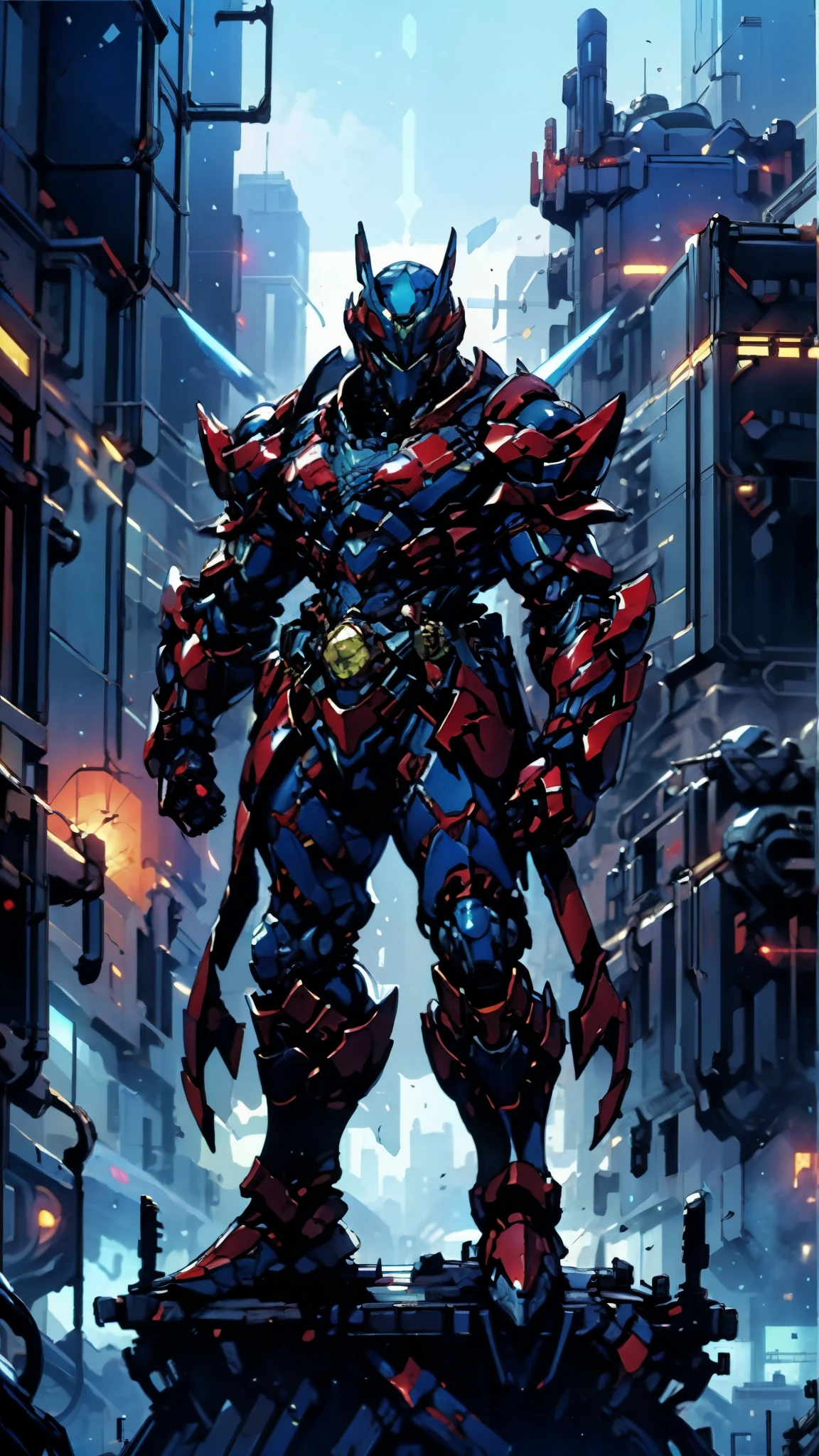 A man wearing a full-face helmet, a fantasy-style biotech armored combat suit, green eyes, (a composite layered chest armor), fully enclosed shoulder guards, matching arm and leg guards, the belt is adorned with Falcon Wing, (the color scheme is primarily white with red and blue accents), the design balances heavy with agility, a high-tech bio-mecha armor, (Armor Concept Inspired by Falcon, stand on the top of a skyscraper in a futuristic sci-fi city), this character embodies a finely crafted fantasy-surreal style armored hero in anime style, exquisite and mature manga art style, (element, plasma, energy, the armor glows), ((male:1.5)), metallic, real texture material, dramatic, high definition, best quality, highres, ultra-detailed, ultra-fine painting, extremely delicate, professional, perfect body proportions, golden ratio, anatomically correct, symmetrical face, extremely detailed eyes and face, high quality eyes, creativity, RAW photo, UHD, 32k, Natural light, cinematic lighting, masterpiece-anatomy-perfect, masterpiece:1.5