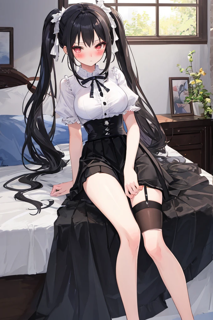 A girl，Sitting on the bed，There are a lot of stuffed animals，twintails，Long hair，Black Hair，((transparent))，Towering breasts，Lolita skirt，Flowing fabric，Slim waist，Showing belly，Smooth legs，blush，