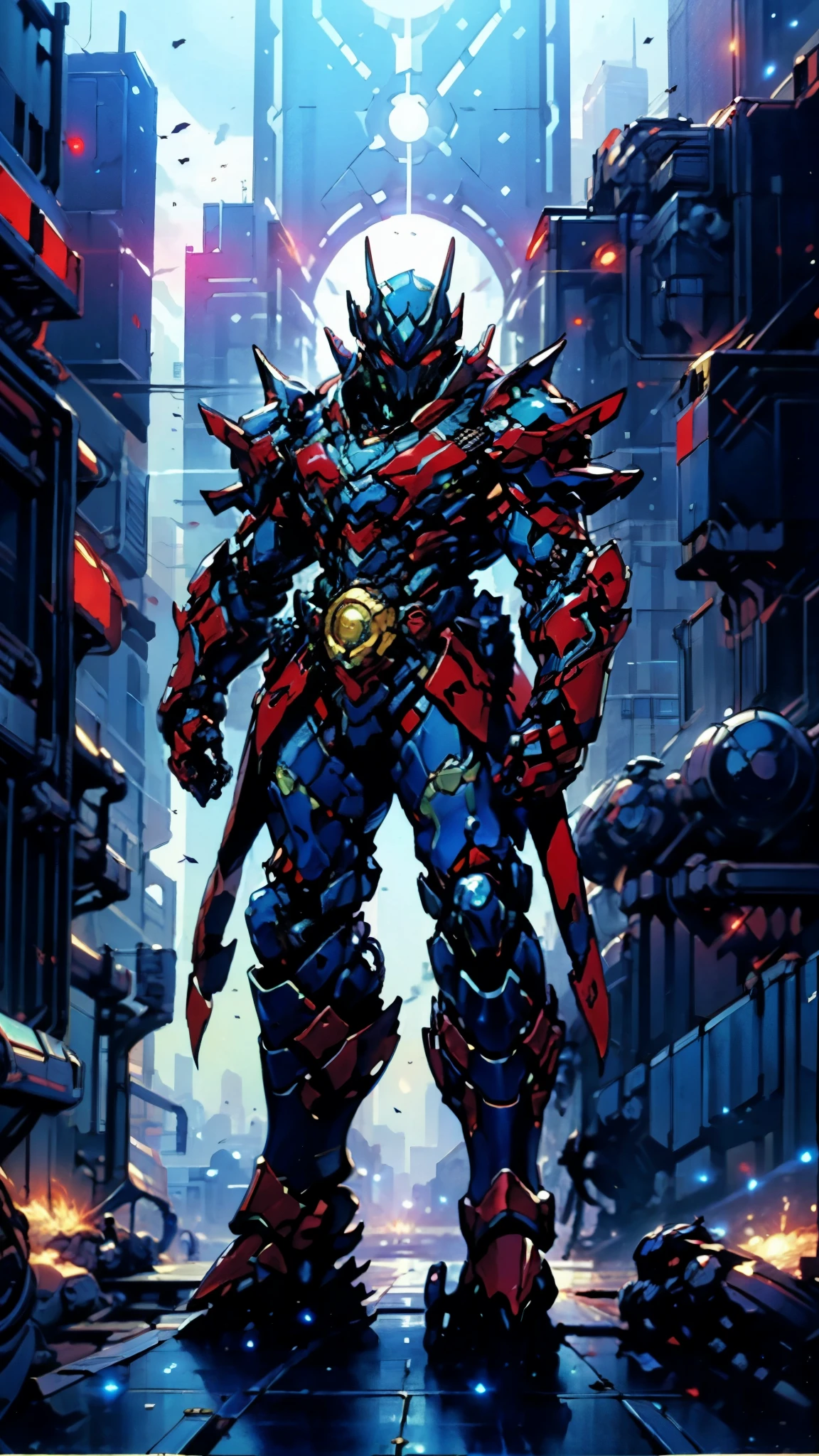 A man wearing a full-face helmet, a fantasy-style biotech armored combat suit, green eyes, (a composite layered chest armor), fully enclosed shoulder guards, matching arm and leg guards, the belt is adorned with Falcon Wing, (the color scheme is primarily white with red and blue accents), the design balances heavy with agility, a high-tech bio-mecha armor, (Armor Concept Inspired by Falcon, stand on the top of a skyscraper in a futuristic sci-fi city), this character embodies a finely crafted fantasy-surreal style armored hero in anime style, exquisite and mature manga art style, (element, plasma, energy, the armor glows), ((male:1.5)), metallic, real texture material, dramatic, high definition, best quality, highres, ultra-detailed, ultra-fine painting, extremely delicate, professional, perfect body proportions, golden ratio, anatomically correct, symmetrical face, extremely detailed eyes and face, high quality eyes, creativity, RAW photo, UHD, 32k, Natural light, cinematic lighting, masterpiece-anatomy-perfect, masterpiece:1.5
