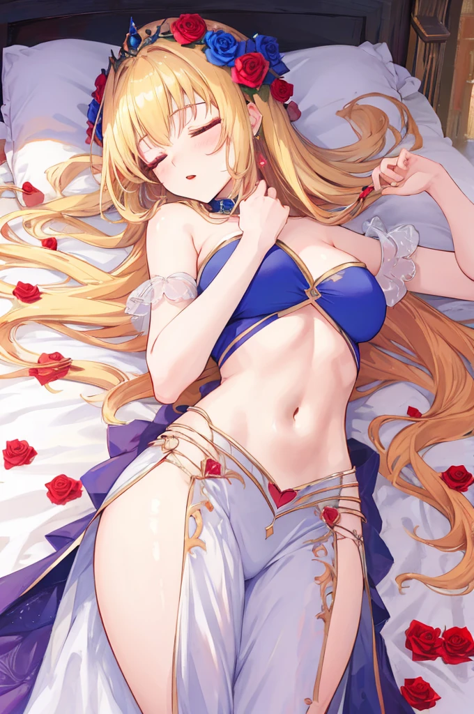 masterpiece,8k,Fairy tale style,Rose Princess,sleeping Beauty,A woman with medium ,(Gorgeous woman),ahegao,Long blond hair,Showing belly,Slim waist,