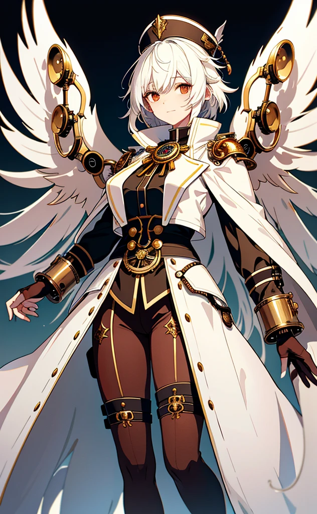 fullbody, white background, top-quality, character design, fantasy concept art, 1girl, fluffy short white hair, fantasy medieval rogue outfit, white blouse, long tailcoat, priestess coat, royalty, adventurer, (large breasts:1.2), (modestly dressed:1.5), (androgynous:1.6), (genshin character:1.3), boyish features, powerful pose, young, (steampunk clockwork wings:1.3), (white, gold, brown, red palette)