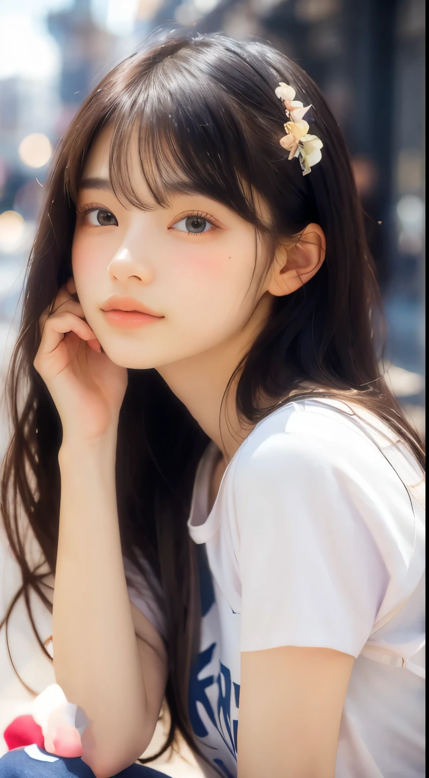 20 years old woman, long  hair, Calm tone, subdued colors, (Natural skin texture, hyperrealism, Soft light, edgy), White T-shirt, JINS