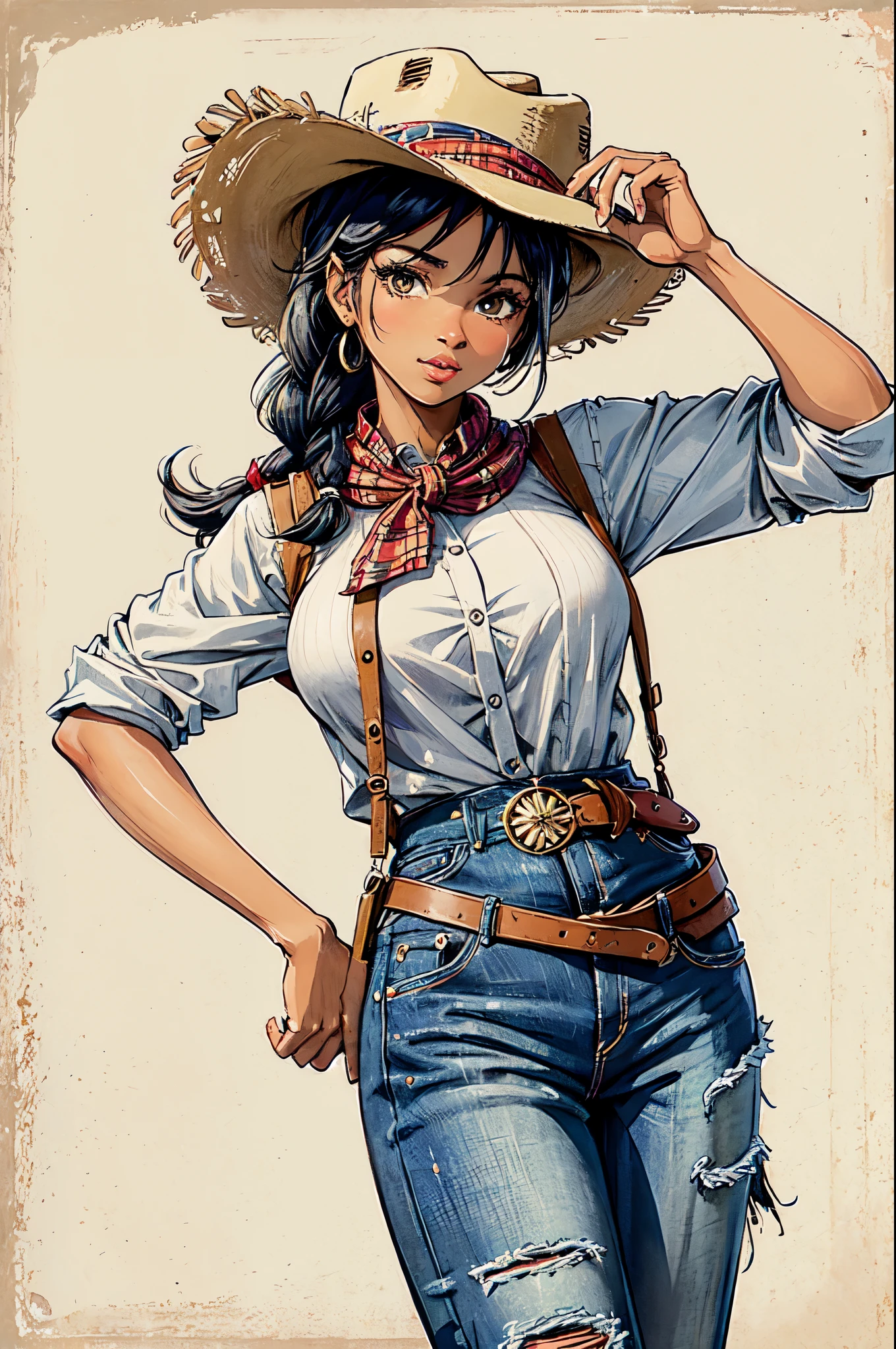 High detail cartoon artwork, very attractive female cowboy, loose plait, african american, classic cowboy outfit. wide-brimmed hat, a decorative bandana, a fitted vest over a plaid shirt, well-fitted jeans. confident and playful, one hand casually resting on her hip and the other tipping her hat. bimbo aesthetic
