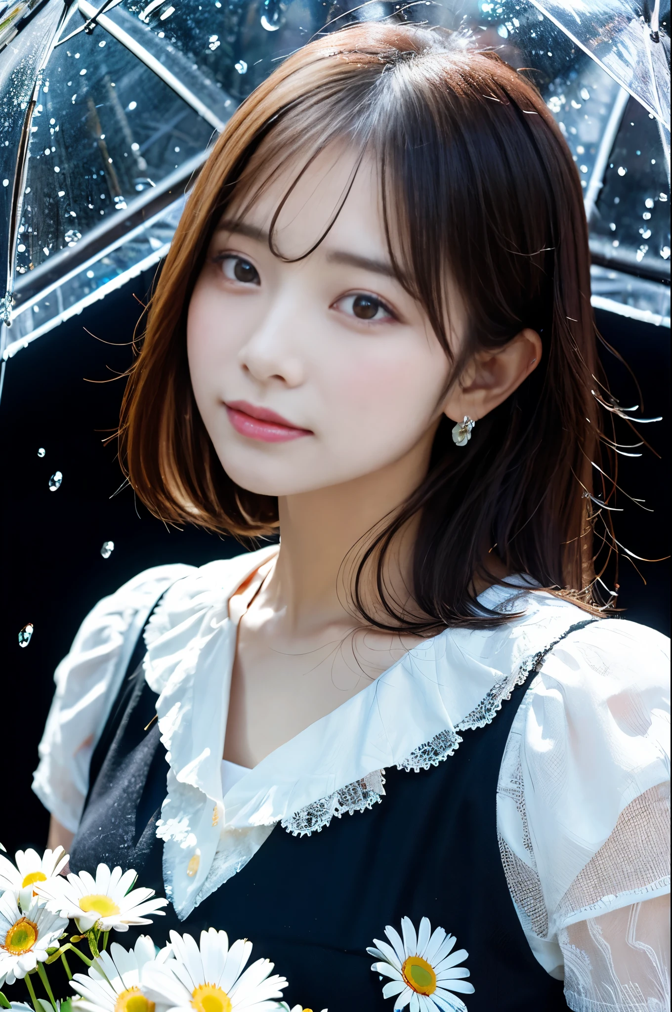 Korean idol girl under the rain and colorful daisy petals, Soaking wet, I look up, Set on a black background in crystal style art, SDXL, 4K version, Perfect posture, Actual photo, Clearly express the fine details of raindrops and petals.