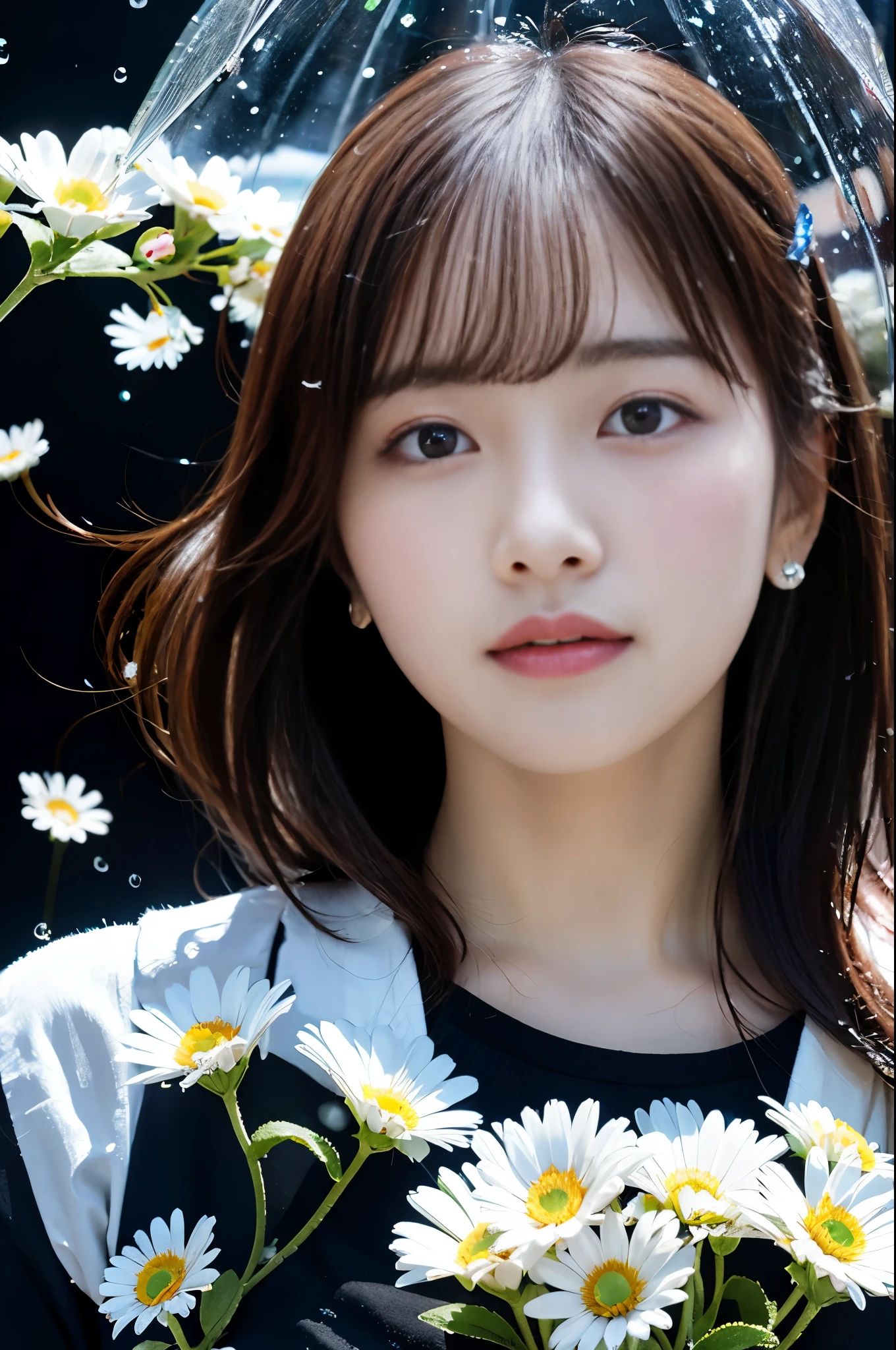 Korean idol girl under the rain and colorful daisy petals, Soaking wet, I look up, Set on a black background in crystal style art, SDXL, 4K version, Perfect posture, Actual photo, Clearly express the fine details of raindrops and petals.