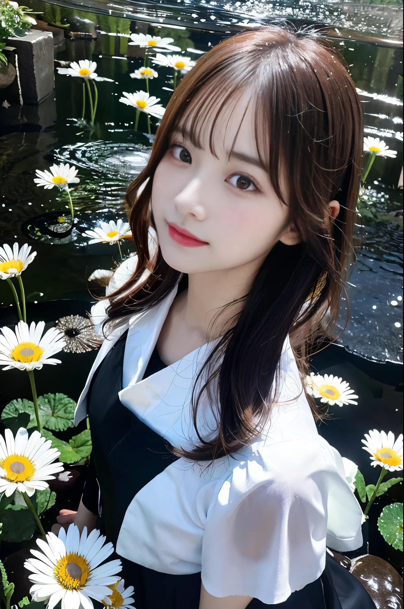 Korean idol girl under the rain and colorful daisy petals, Soaking wet, I look up, Set on a black background in crystal style art, SDXL, 4K version, Perfect posture, Actual photo, Clearly express the fine details of raindrops and petals.