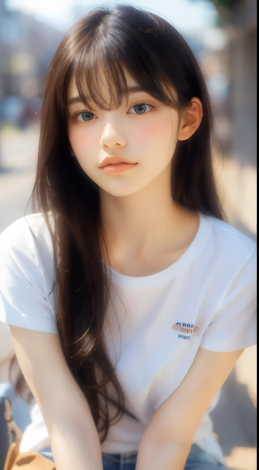 20 years old woman, long  hair, Calm tone, subdued colors, (Natural skin texture, hyperrealism, Soft light, edgy), White T-shirt, JINS