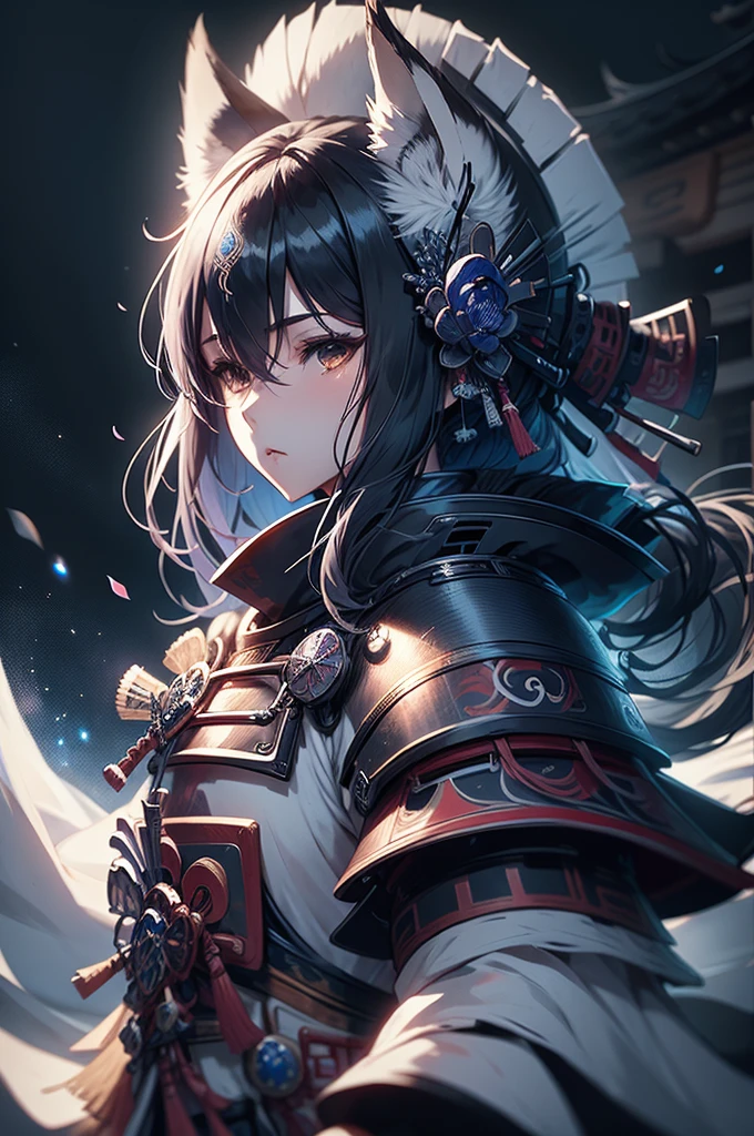 ghost samurai, caminando con un lobo en un pueblo embrujado, cielo nocturno, Luna llena, realista, Full HD, mejor calidad