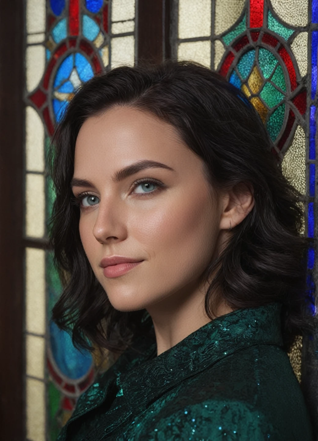 close POV, young adult woman, blue purple green color palette, black hair with dark green shine, big blue eyes sparkling, rings around eyes, two-tone black and red, smiling at the camera, elegant pose, looking at the viewer, vivid stained glass window background, character portrait, award-winning photography, vivid colors, skin blemishes, pores, atmospheric, cinematic, moody, rule of thirds, majestic, perfect anatomy cowboy shot, contraposto, unreal engine 5, volumetric lighting, stop motion, hyperfocus, tonemapping, sharp focus, (beautiful face:1.15), (nixeu_soft:0.7), (nixeu_white:0.7),