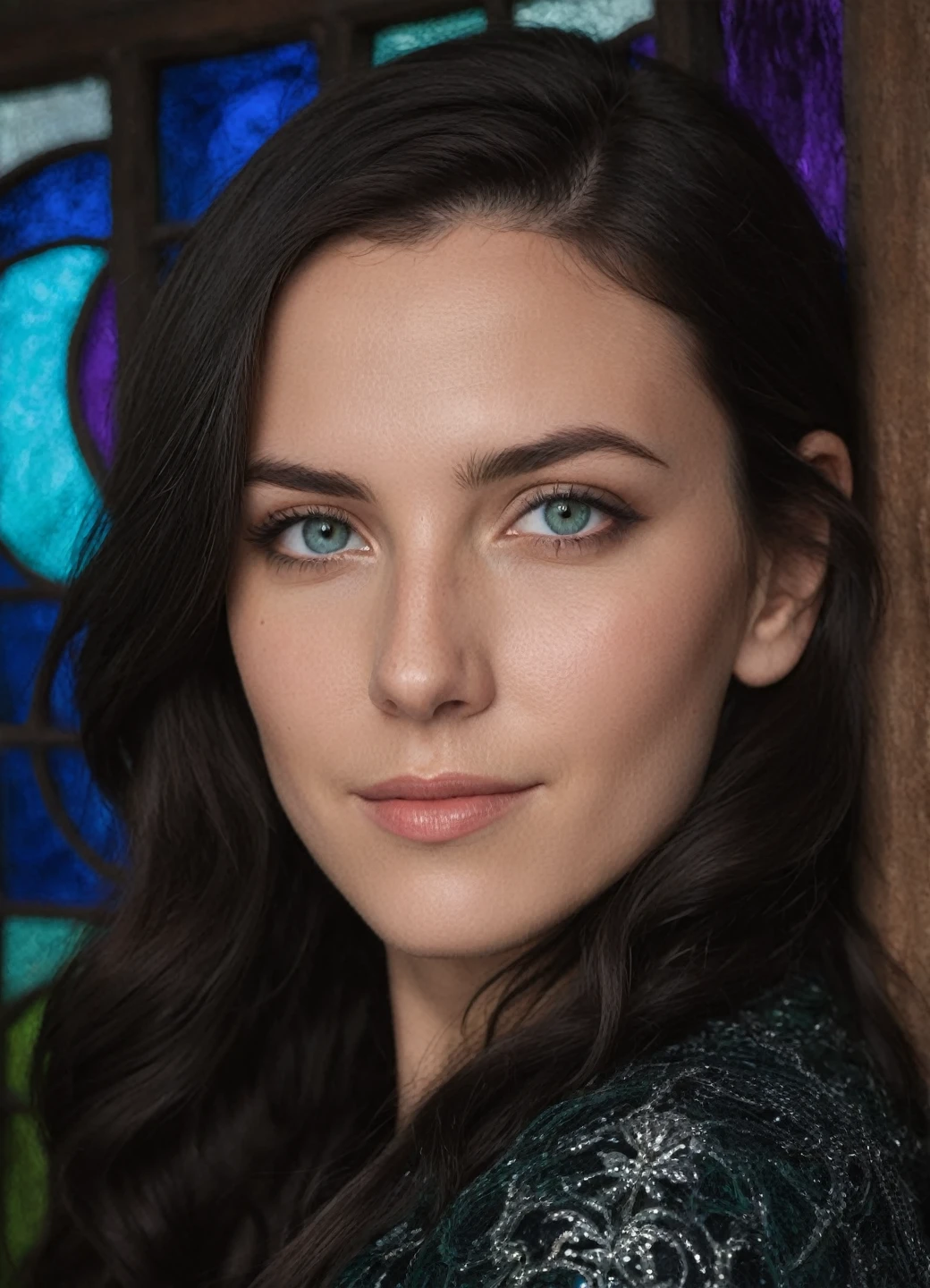 close POV, young adult woman, blue purple green color palette, black hair with dark green shine, big blue eyes sparkling, rings around eyes, two-tone black and red, smiling at the camera, elegant pose, looking at the viewer, vivid stained glass window background, character portrait, award-winning photography, vivid colors, skin blemishes, pores, atmospheric, cinematic, moody, rule of thirds, majestic, perfect anatomy cowboy shot, contraposto, unreal engine 5, volumetric lighting, stop motion, hyperfocus, tonemapping, sharp focus, (beautiful face:1.15), (nixeu_soft:0.7), (nixeu_white:0.7),