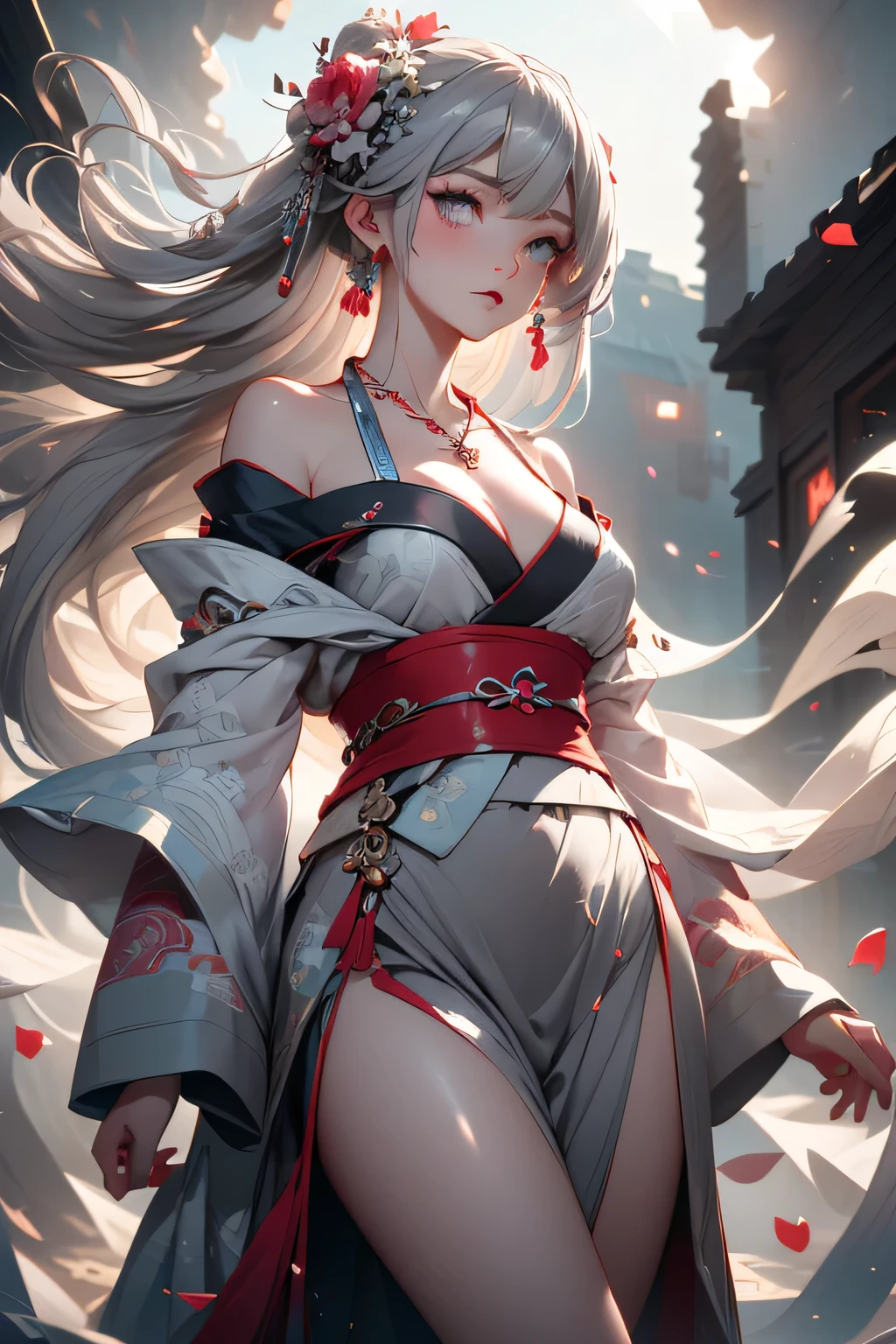 super high quality, masterpiece, Perfect illustration, Very detailed (Exquisite light and shadow, Very dramatic photo,Backlight) , ((Gray Hair:1.5))1 girl, alone, (Wearing Han clothes, Royalty、Black and white Hanfu,Thick fabric,Long sleeve) Flower Field, Flowers, (White smoke:1.3) (Realistic:1.4), Zen Intertwining, Tangled, Official Art, unity 8k wallpaper, Very detailed, Beautiful and beautiful, masterpiece, highest quality, (Dynamic Angle: 1.4), Glowing Skin, (Floating colorful flashes: 1) The most beautiful chaotic shapes, elegant, Brutalist Design, Bright colors, Romantic Depth of Field Exotic_dance, half_naked、((Off the shoulder、medium breasts、Beautiful cleavage、Ruby Necklace))