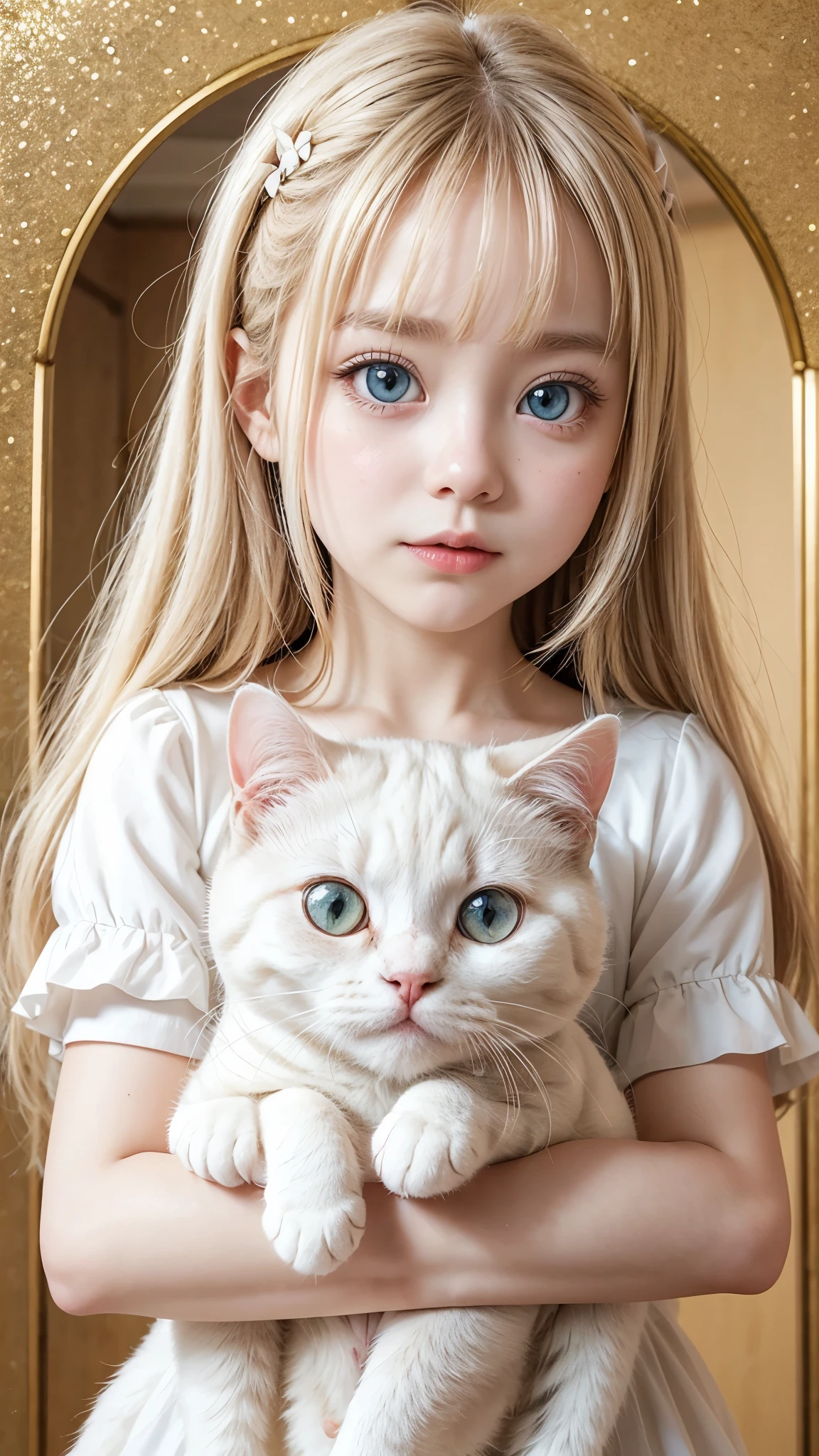 White Cat、girl、Benefits、Big Eyes、Cute face、Golden Background、Sparkling、