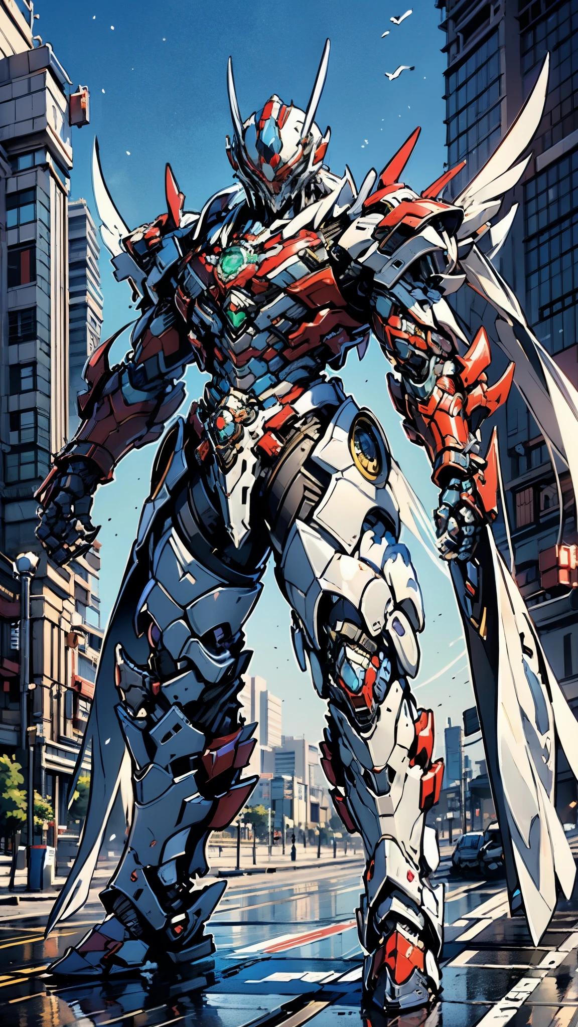 A man wearing a full-face helmet, a fantasy-style biotech armored combat suit, green eyes, (a composite layered chest armor), fully enclosed shoulder guards, matching arm and leg guards, the belt is adorned with Falcon Wing, (the color scheme is primarily white with red and blue accents), the design balances heavy with agility, a high-tech bio-mecha armor, (Armor Concept Inspired by Falcon, stand on the top of a skyscraper in a futuristic sci-fi city), this character embodies a finely crafted fantasy-surreal style armored hero in anime style, exquisite and mature manga art style, (element, plasma, energy, the armor glows), ((male:1.5)), metallic, real texture material, dramatic, high definition, best quality, highres, ultra-detailed, ultra-fine painting, extremely delicate, professional, perfect body proportions, golden ratio, anatomically correct, symmetrical face, extremely detailed eyes and face, high quality eyes, creativity, RAW photo, UHD, 32k, Natural light, cinematic lighting, masterpiece-anatomy-perfect, masterpiece:1.5