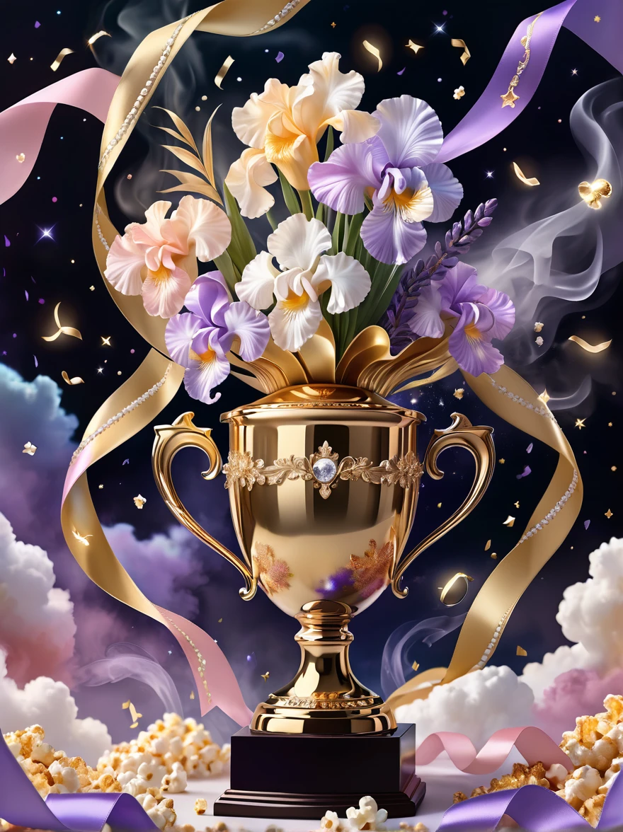 (((Gold Trophy:1.3)))，(((Trophy decoration effect:1.3)))，(((Wear ribbons:1.3)))，Eternal fantasy style，Dizziness symbol，iris，White smoke with multiple notes，Popcorn，lavender blush，Artistic Color，Diamond shape with dots inside，Paradise in Heaven，shelter，high resolution，Rich colorful brushstrokes，The most true，Details of the origins and consequences of the absurd，Ridiculous resolution，Showing readiness to sacrifice one&#39;s life，Pretend to be brave and fearless，The atmosphere disappears quietly，Creating Hell，Paradise of Despair，and madness，Background secret stone carving broken，Light and Shadow，Confusing the Light of Truth，The brilliance of countless star fragments，Showing justice and stupidity，Crazy Wolf，Seamless dark fantasy smoke，Dazzling fantasy garden，Sad flower，Reverberation Reflection