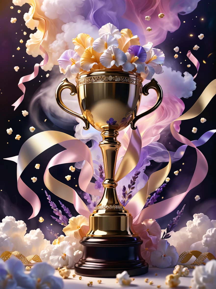 (((Gold Trophy:1.3)))，(((Trophy decoration effect:1.3)))，(((Wear ribbons:1.3)))，Eternal fantasy style，Dizziness symbol，iris，White smoke with multiple notes，Popcorn，lavender blush，Artistic Color，Diamond shape with dots inside，Paradise in Heaven，shelter，high resolution，Rich colorful brushstrokes，The most true，Details of the origins and consequences of the absurd，Ridiculous resolution，Showing readiness to sacrifice one&#39;s life，Pretend to be brave and fearless，The atmosphere disappears quietly，Creating Hell，Paradise of Despair，and madness，Background secret stone carving broken，Light and Shadow，Confusing the Light of Truth，The brilliance of countless star fragments，Showing justice and stupidity，Crazy Wolf，Seamless dark fantasy smoke，Dazzling fantasy garden，Sad flower，Reverberation Reflection