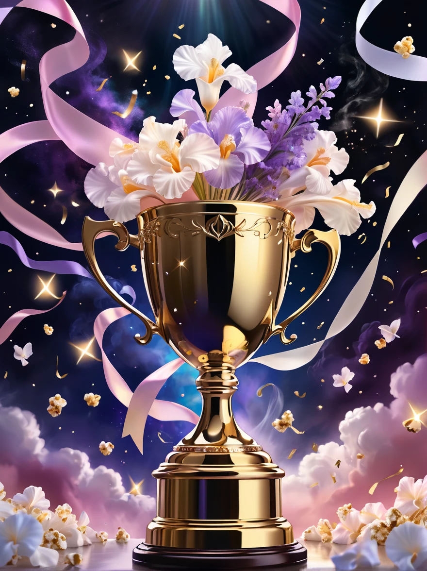 (((Gold Trophy:1.3)))，(((Trophy decoration effect:1.3)))，(((Wear ribbons:1.3)))，Eternal fantasy style，Dizziness symbol，iris，White smoke with multiple notes，Popcorn，lavender blush，Artistic Color，Diamond shape with dots inside，Paradise in Heaven，shelter，high resolution，Rich colorful brushstrokes，The most true，Details of the origins and consequences of the absurd，Ridiculous resolution，Showing readiness to sacrifice one&#39;s life，Pretend to be brave and fearless，The atmosphere disappears quietly，Creating Hell，Paradise of Despair，and madness，Background secret stone carving broken，Light and Shadow，Confusing the Light of Truth，The brilliance of countless star fragments，Showing justice and stupidity，Crazy Wolf，Seamless dark fantasy smoke，Dazzling fantasy garden，Sad flower，Reverberation Reflection