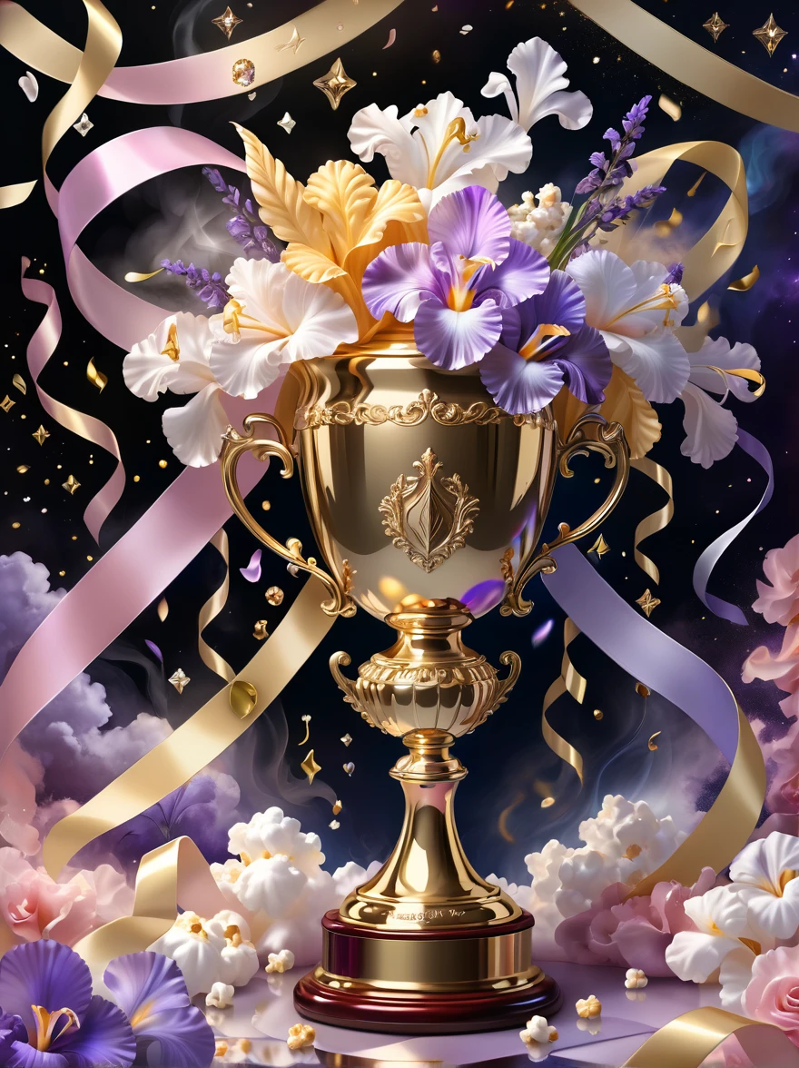 (((Gold Trophy:1.3)))，(((Trophy decoration effect:1.3)))，(((Wear ribbons:1.3)))，Eternal fantasy style，Dizziness symbol，iris，White smoke with multiple notes，Popcorn，lavender blush，Artistic Color，Diamond shape with dots inside，Paradise in Heaven，shelter，high resolution，Rich colorful brushstrokes，The most true，Details of the origins and consequences of the absurd，Ridiculous resolution，Showing readiness to sacrifice one&#39;s life，Pretend to be brave and fearless，The atmosphere disappears quietly，Creating Hell，Paradise of Despair，and madness，Background secret stone carving broken，Light and Shadow，Confusing the Light of Truth，The brilliance of countless star fragments，Showing justice and stupidity，Crazy Wolf，Seamless dark fantasy smoke，Dazzling fantasy garden，Sad flower，Reverberation Reflection