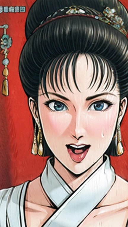 (best quality), (very aesthetic), (ultra-detailed), (best illustration),NSFW,a mature female,Perfect Face,Suikoden,Mrs. Lin,(full_body),big breast,red cheek,Sweating,skinny, chinese traditional lingerie,chinese traditional style bed,Mouth wide open,The mouth is full of white fluid