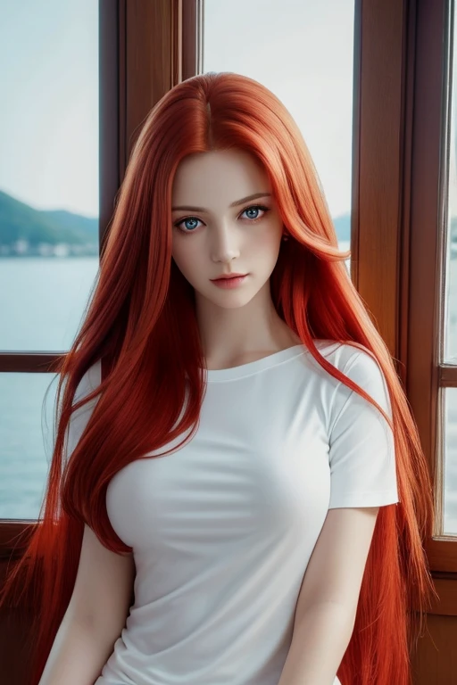 Best quality, masterpiece, ultra high res, (photorealistic:1.37), raw photo, 1girl, perfect body, long straight red hair, side comb, slight smile, long cloth parted, big breasts, beautifull eyes,  beautifull face, detailed eyes and face, slit t-shirt, dynamic lighting, red hair, painting in front of a window with a beautiful view, eyes looking at the camera