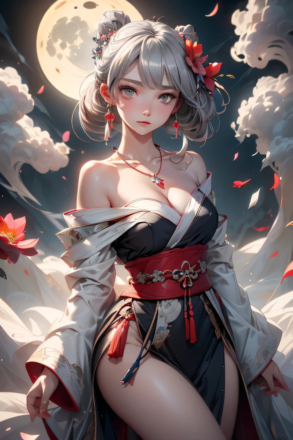 super high quality, masterpiece, Perfect illustration, Very detailed (Exquisite light and shadow, Very dramatic photo,Backlight) , ((Gray Hair:1.5))1 girl, alone, (Wearing Han clothes, Royalty、Black and white Hanfu,Thick fabric,Long sleeve) Flower Field, Flowers, (White smoke、Crescent Moon:1.3) (Realistic:1.4), Zen Intertwining, Tangled, Official Art, unity 8k wallpaper, Very detailed, Beautiful and beautiful, masterpiece, highest quality, (Dynamic Angle: 1.4), Glowing Skin, (Floating colorful flashes: 1) The most beautiful chaotic shapes, elegant, Brutalist Design, Bright colors, Romantic Depth of Field Exotic_dance, half_naked、((Off the shoulder、medium breasts、Beautiful cleavage、Ruby Necklace))
