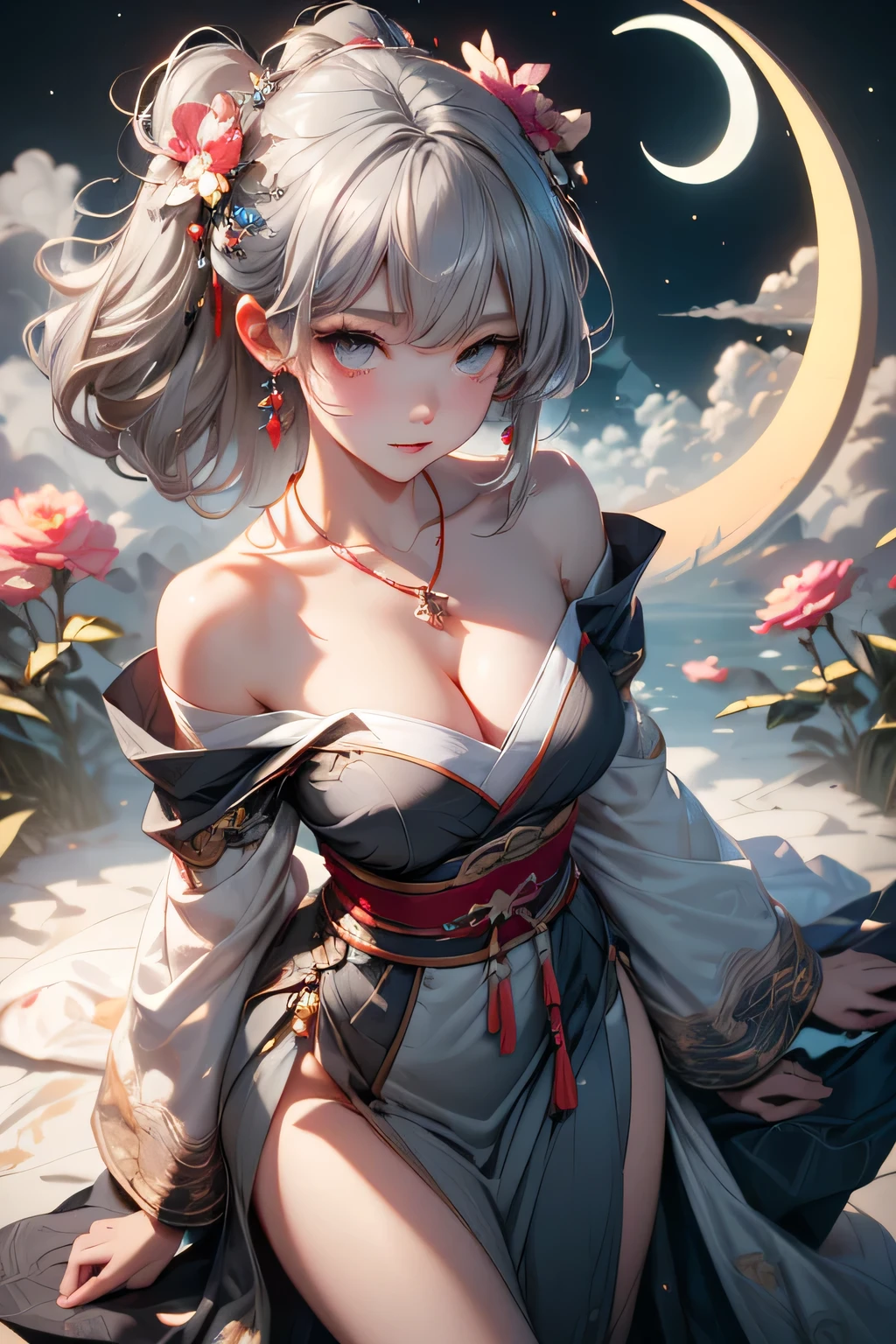 super high quality, masterpiece, Perfect illustration, Very detailed (Exquisite light and shadow, Very dramatic photo,Backlight) , ((Gray Hair:1.5))1 girl, alone, (Wearing Han clothes, Royalty、Black and white Hanfu,Thick fabric,Long sleeve) Flower Field, Flowers, (White smoke、Crescent Moon:1.3) (Realistic:1.4), Zen Intertwining, Tangled, Official Art, unity 8k wallpaper, Very detailed, Beautiful and beautiful, masterpiece, highest quality, (Dynamic Angle: 1.4), Glowing Skin, (Floating colorful flashes: 1) The most beautiful chaotic shapes, elegant, Brutalist Design, Bright colors, Romantic Depth of Field Exotic_dance, half_naked、((Off the shoulder、medium breasts、Beautiful cleavage、Ruby Necklace))
