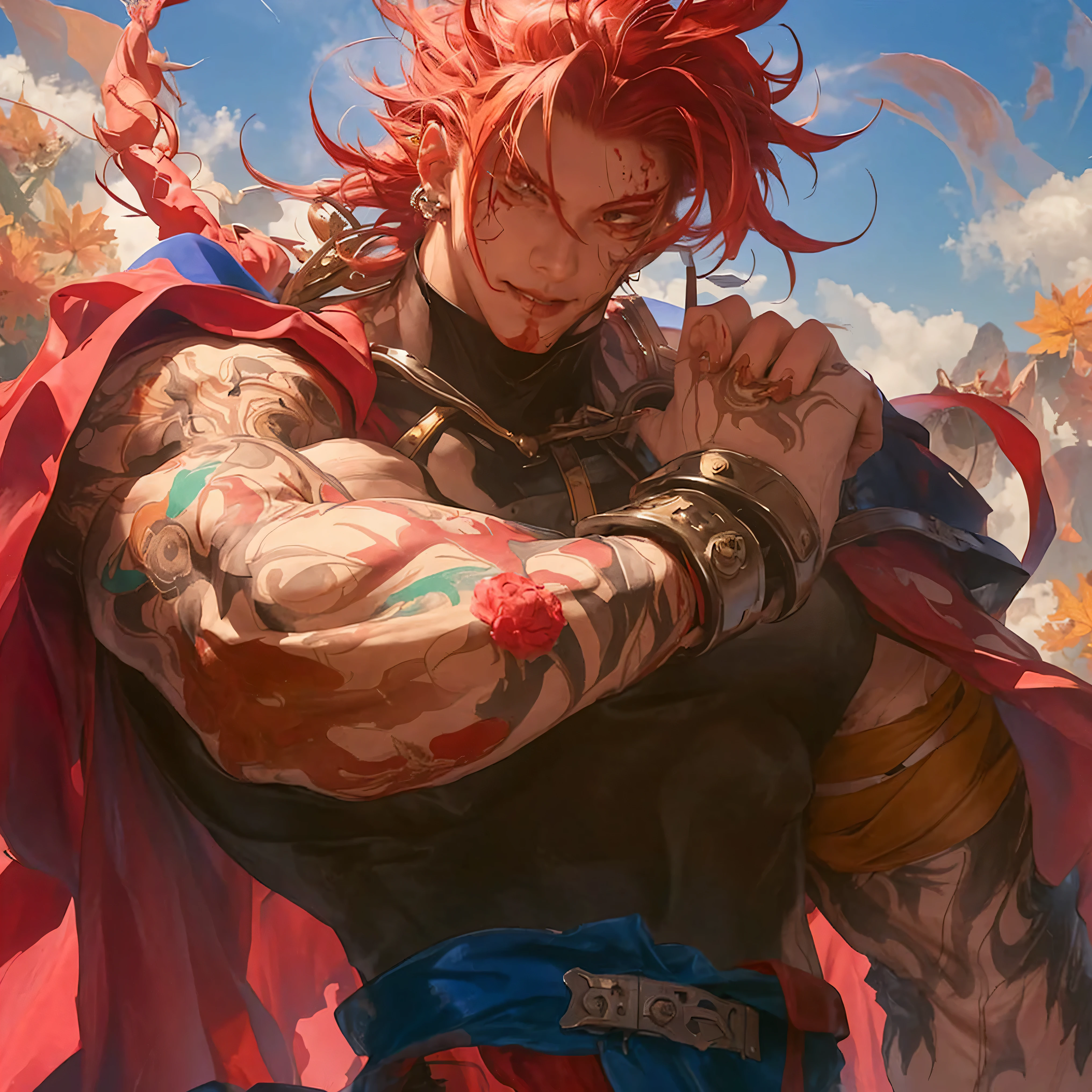 red eyes, floating hair, adorned in animal hide garb, exuding a raw and primal charm. His lithe yet powerfully built frame forms an inverted triangular shape, while the subject stands with fists clenched, a picture of quiet strength as he commands the summit of a mountain., with fists clenched, standing atop a mountain peak., ruins, grin, colorful, huge filesize, in autumn, in summer, tombstone, panorama, red waistband, beautiful detailed glow, flames of war, nuclear explosion behide, red long hair, full body, Blood drop, Blood fog, disheveled hair, Splashing blood, Bloodstain, normal quality, male, thick eyebrows, parted lips, big nose, fang