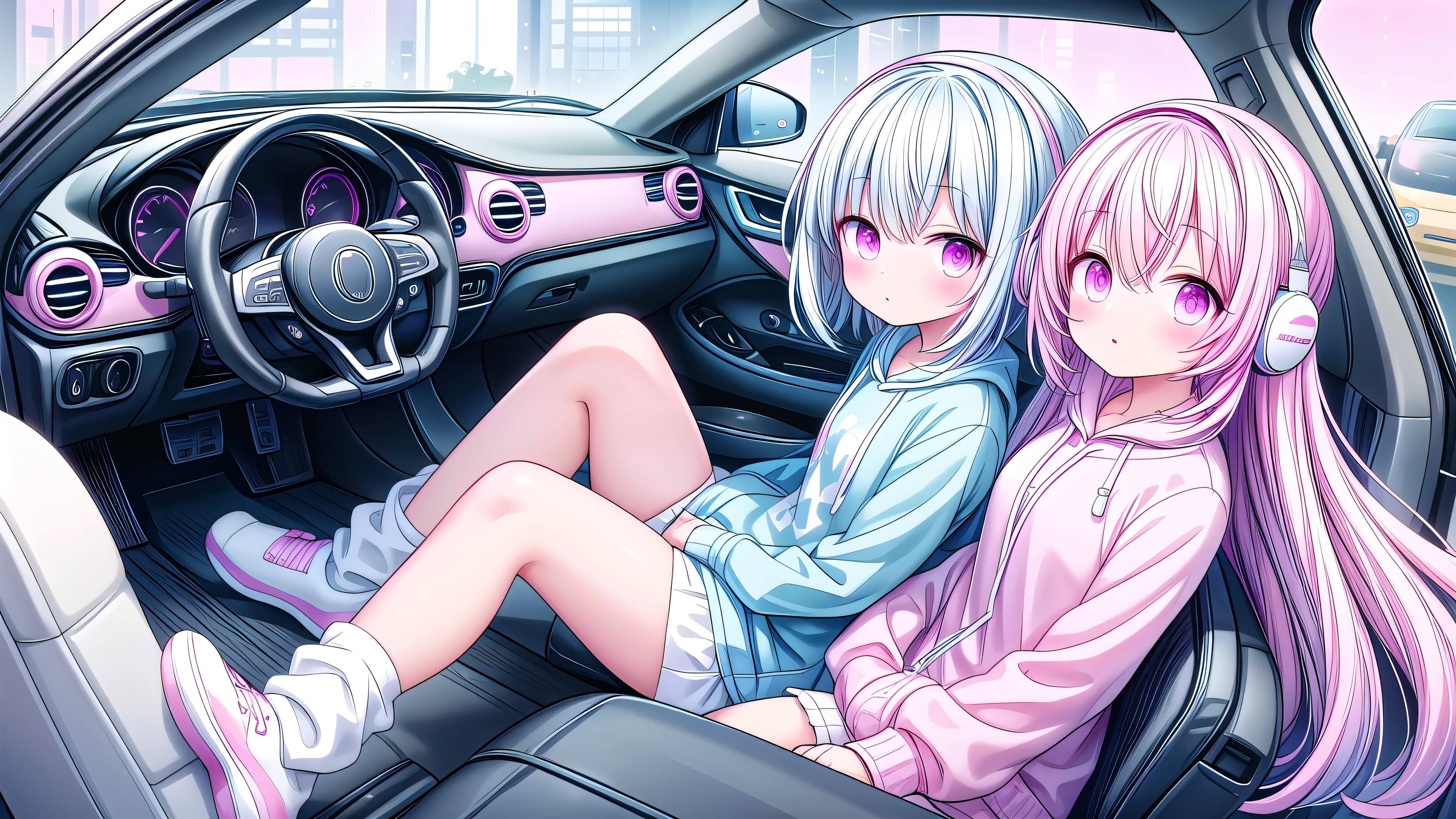 ,White knee socks,Long light blue hair,Pink and white sweatshirt,Pink Eyes,blue headphones,Inside the car,Cockpit
