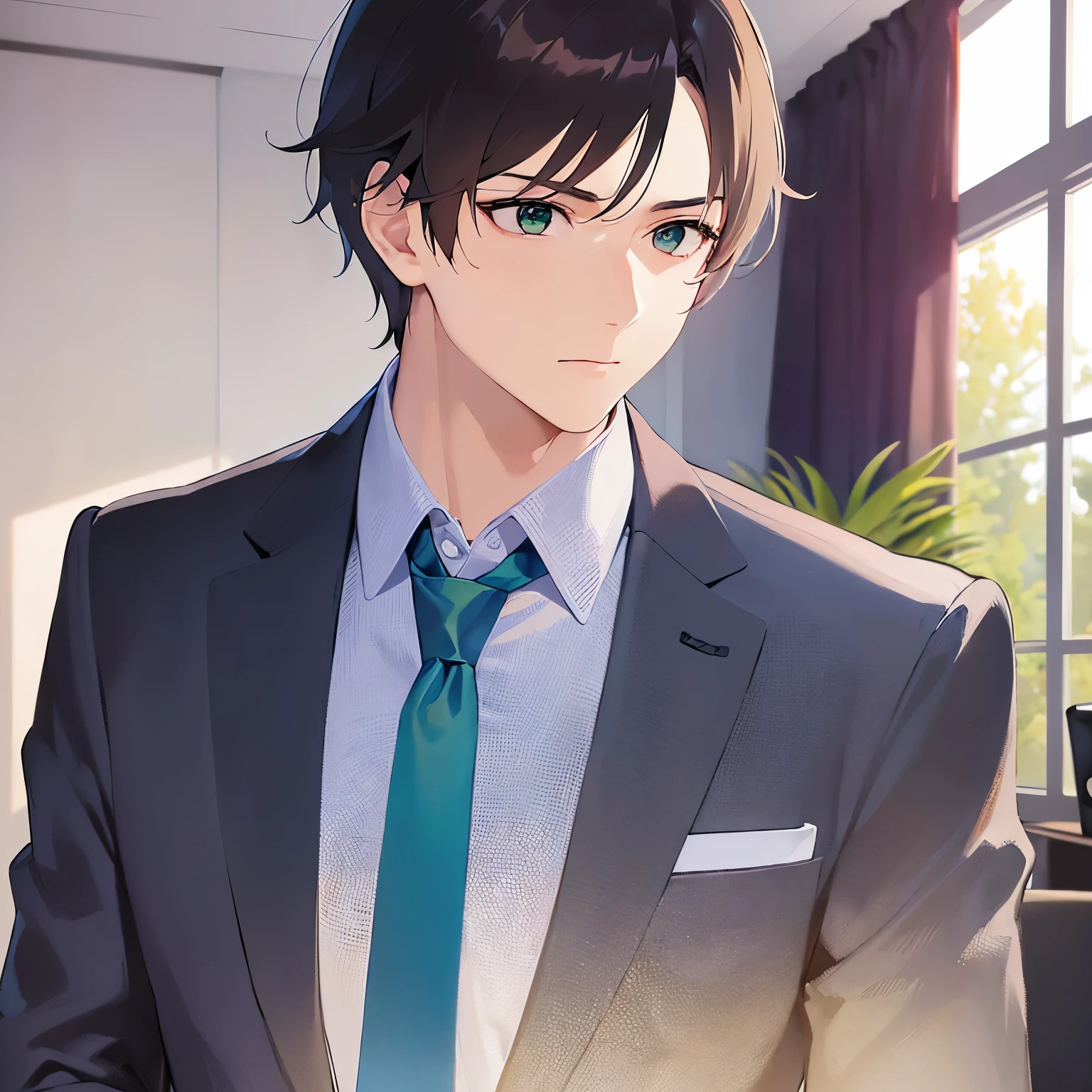 upper body、shiny skin, masterpiece、highest quality、(25-year-old male:1.5) and (Brown short hair) and (Green Eyes), (Wearing a suit) and (Blue tie)、Serious expression、 Background is an office room、(Alone:1.5)、Are standing
