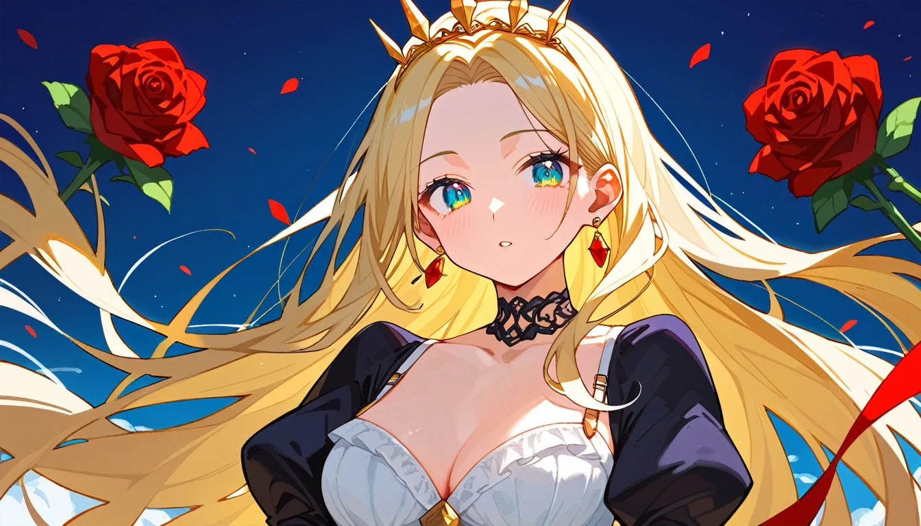 score_9, score_8_up, score_7_up, uncensored, source_anime, 1girl, solo, BREAK 1girl, blonde hair, solo, long hair, (earrings), flower, rose, crystalline, dress, tiara, white dress, gloves, long sleeves, choker, mascara, makeup, elbow gloves, bow, floating hair, bra, jewelry, looking at viewer, collarbone, puffy sleeves, golden accessories, upper body, parted bangs, very long hair, black dress, frills, bangs, outdoors, detailed eyes, dynamic cut,