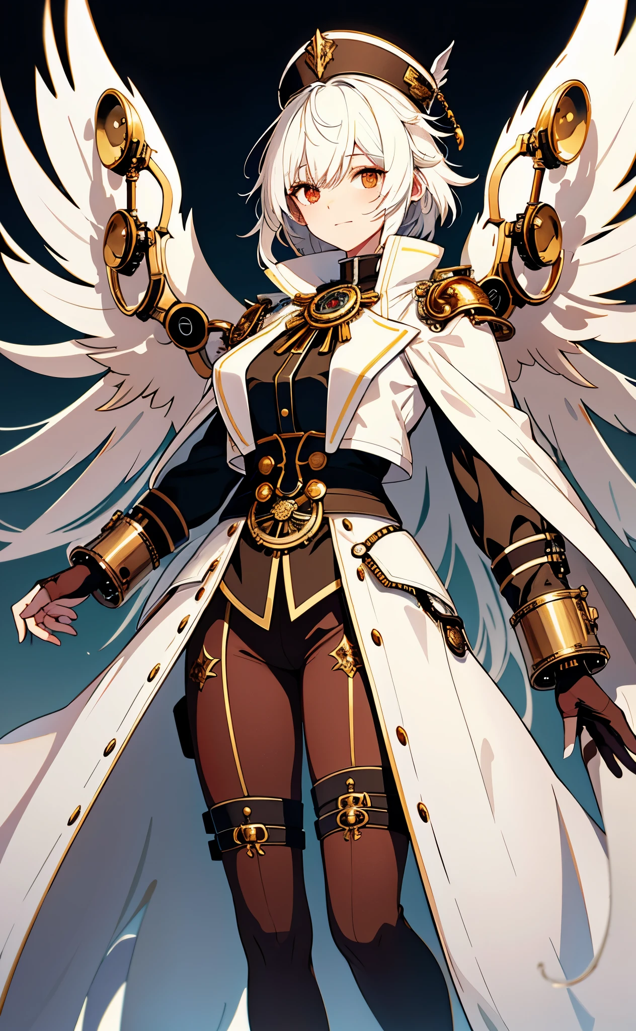 fullbody, white background, top-quality, character design, fantasy concept art, 1girl, fluffy short white hair, fantasy medieval rogue outfit, white blouse, long tailcoat, priestess coat, royalty, adventurer, (large breasts:1.2), (modestly dressed:1.5), (androgynous:1.6), (genshin character:1.3), boyish features, powerful pose, young, (steampunk clockwork wings:1.3), (white, gold, brown, red palette)