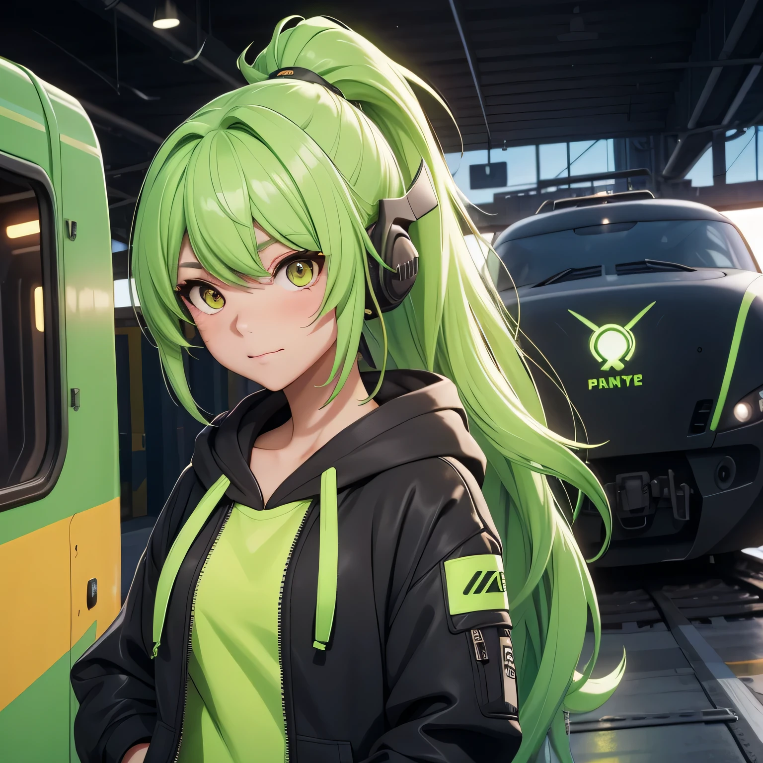 A girl, lime hair, long hair, ponytail hair, feminime, soft smile, lime hoodie jacket, glowing yellow eyes, train background, wearing black headphone, full body,
