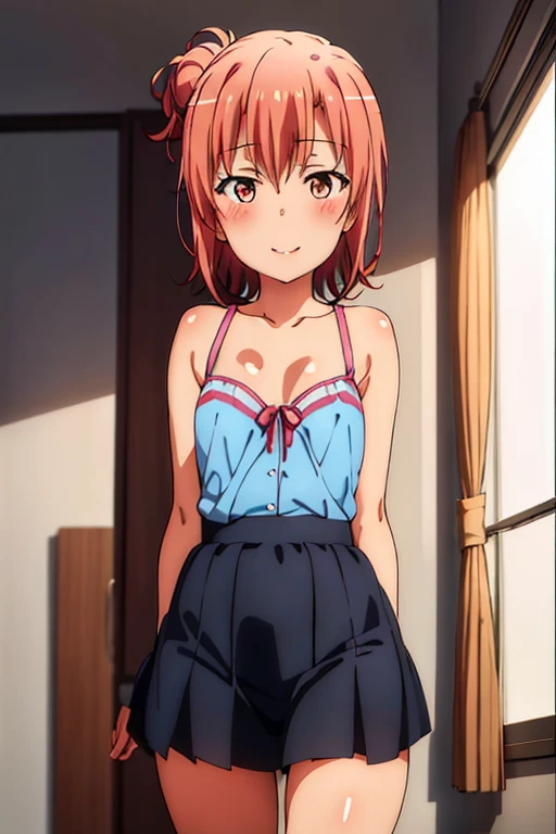 ((highest quality)), ((masterpiece)), (be familiar with), Perfect Face, indoor, Bedroom, Watching the audience,
One woman, Yuigahama Yui,
Open Mouth, Ecstatic expression, blush, smile,
Small breasts, Flat Chest, Young Girl, , , Girl,
Short Hair, Salmon-colored hair, Salmon-colored eyes, Side Pony,
Leg spread,