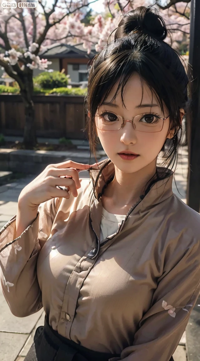 kiyoko shimizu, haikyuu, wearing glasses, hair in a bun, beautiful, beautiful woman, perfect body, perfect breasts, wearing a kimono, wearing earrings, wearing a watch, being in the garden, cherry trees, traditional Japanese house, looking at the audience, a little smile, realism , masterpiece, textured leather, super detailed, high detail, high quality, best quality, 1080p, 16k