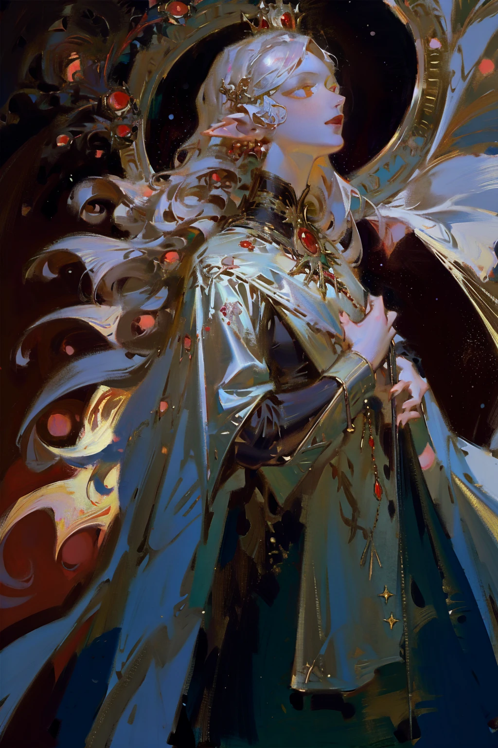 fullbody painting，detailed full body portrait，(The girl looks up at the stars), masterpiece, best quality, realistic illustration, regal elegant drow elf witch looking over porcelain balcony, arm support, (piercing red eyes), portrait, close-up, depth of field, (light particles:1.1), bloom, HDR, night sky,  Mandy Jürgens (Mandy Jurgens) Realistic paintings created, arte figurativa, Detailed depiction of the, realistically, An artwork of, contours， seen from the side， simple backgound, fantasy, princess Targaryen, full-length, garden, white hair, in a red and black dress embroidered with gold threads of rubies and diamonds