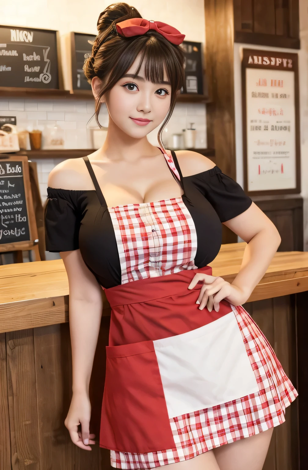 Cool beauty,20 y.o.,Looks sweet,(updo hairstyle), wearing only red strap on apron, off-shoulders, show cleavage, show big thigh, plump body, huge breast, full body photo, standing pose. Wearing cute headband. Front view. In coffee shop.