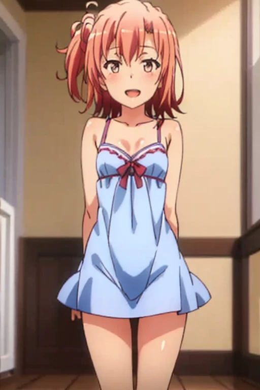 ((highest quality)), ((masterpiece)), (be familiar with), Perfect Face, indoor, Bedroom, Watching the audience,
One woman, Yuigahama Yui,
Open Mouth, Ecstatic expression, blush, smile,
Small breasts, Flat Chest, Young Girl, , , Girl,
Short Hair, Salmon-colored hair, Salmon-colored eyes, Side Pony,
Leg spread,