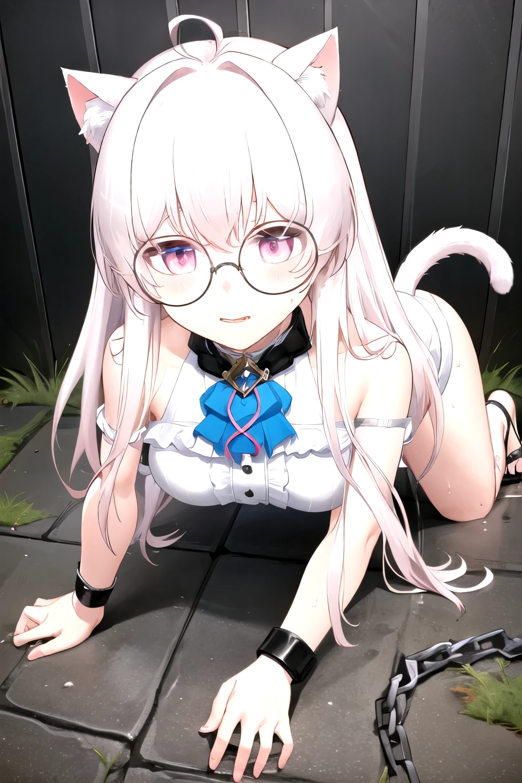 masterpiece, best quality, (1 Girl, Solitary), vr-kiyuu, have, Glasses, Double tail，(Giddenmei 1.5),tattered white shirt，White underwear，double braid hair，2legs,Sexual suggestion，Bare legs，Tempting，In the garbage dump，Wear sandals，have尿意，Wet my body, Leaking urine:1.3)，Bear，Wet pants，Urine leakage，foot fetish，Get on all fours,(Crawling Get on all fours)，(Crawling on hands and knees)，Kneeling，butt sticking out pose，(Chain collar)， handcuffs，地下prison，(prison)，In the cage，from above，Surrealism,The ground is soaked with water，Bangs blue pick-dye，Cat ear