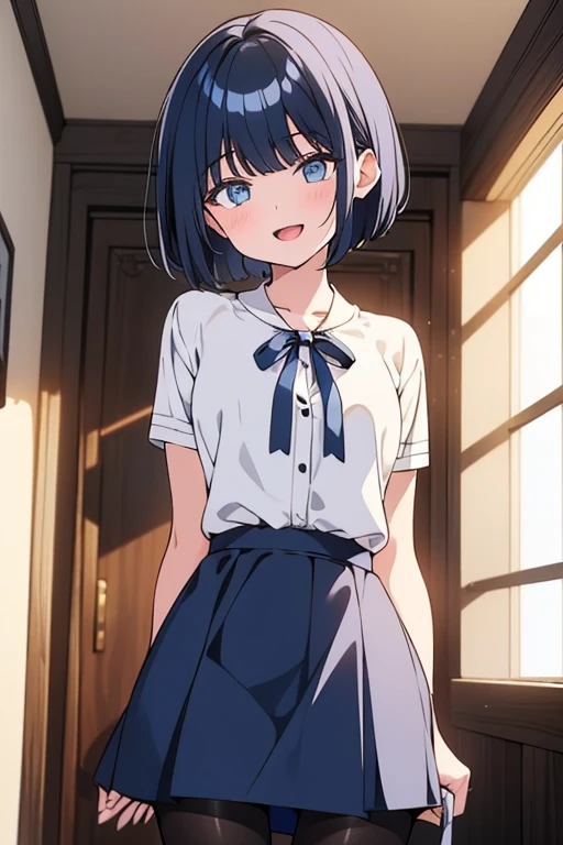 (best quality, 4K, 1girl:1.1,short medium hair), (navy hair:1.1,light blue eyes:1.1), (POV:1.1, cowboy shot:1.1), (seductive smile:1.1), (black pantyhose, blue short skirt), (white blouse), (almond-shaped eyes), (open mouth), (shiny skin),fancy room,