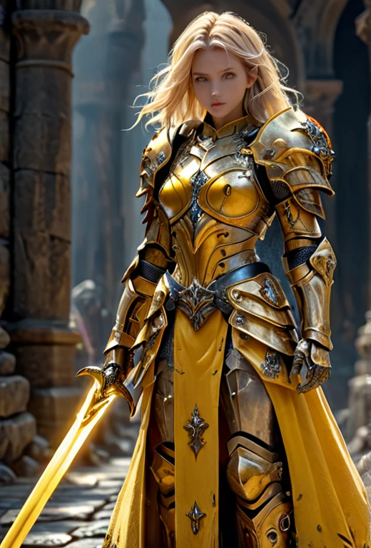 amazing quality, masterpiece, best quality, hyper detailed, ultra detailed, UHD, perfect anatomy,
fashion show, model, stylish pose, wearing fantastic armor, yellow armor, holding glowing sword, runway, stone road, soft shades, blond hair, hand up,
HKStyle,
extremely detailed,