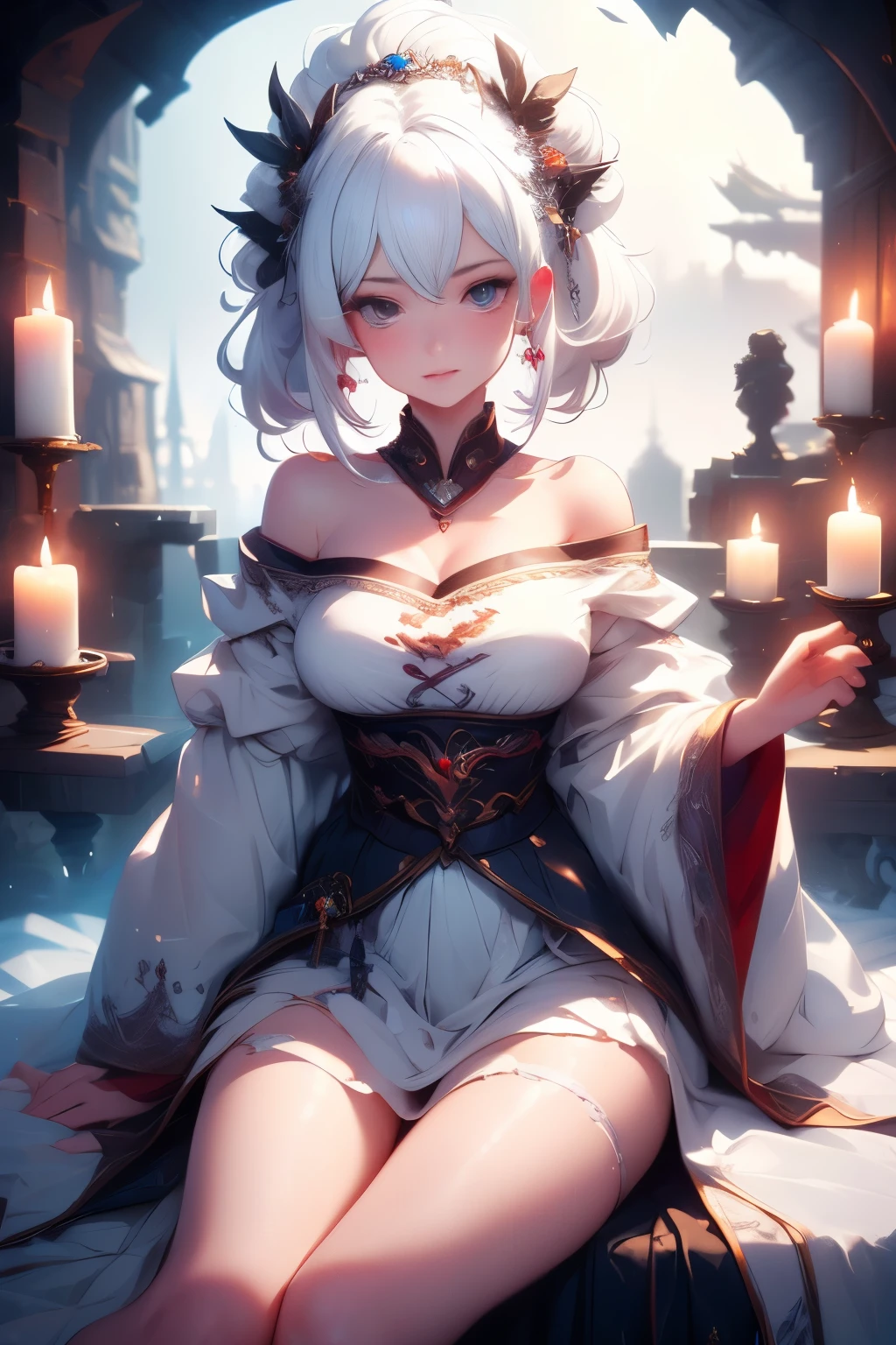  (masterpiece, highest quality:1.2), 1 girl, alone, ((Off-the-shoulder clothing)), ((night)), ((White Hair))lanthanum, Candlelight, Deep in Wonderland，The moonlight pours down like water，fog，The heroine&#39;s figure is vaguely visible，Big Breasts,Cute face，Slightly upturned corners of the mouth，Like a fairy,Clothes Fluttering，Her hair is casually tied back，A few strands of hair are swaying gently in the wind，((Royal Costume、Thick fabric,Royal family in hanbok)):1.5
