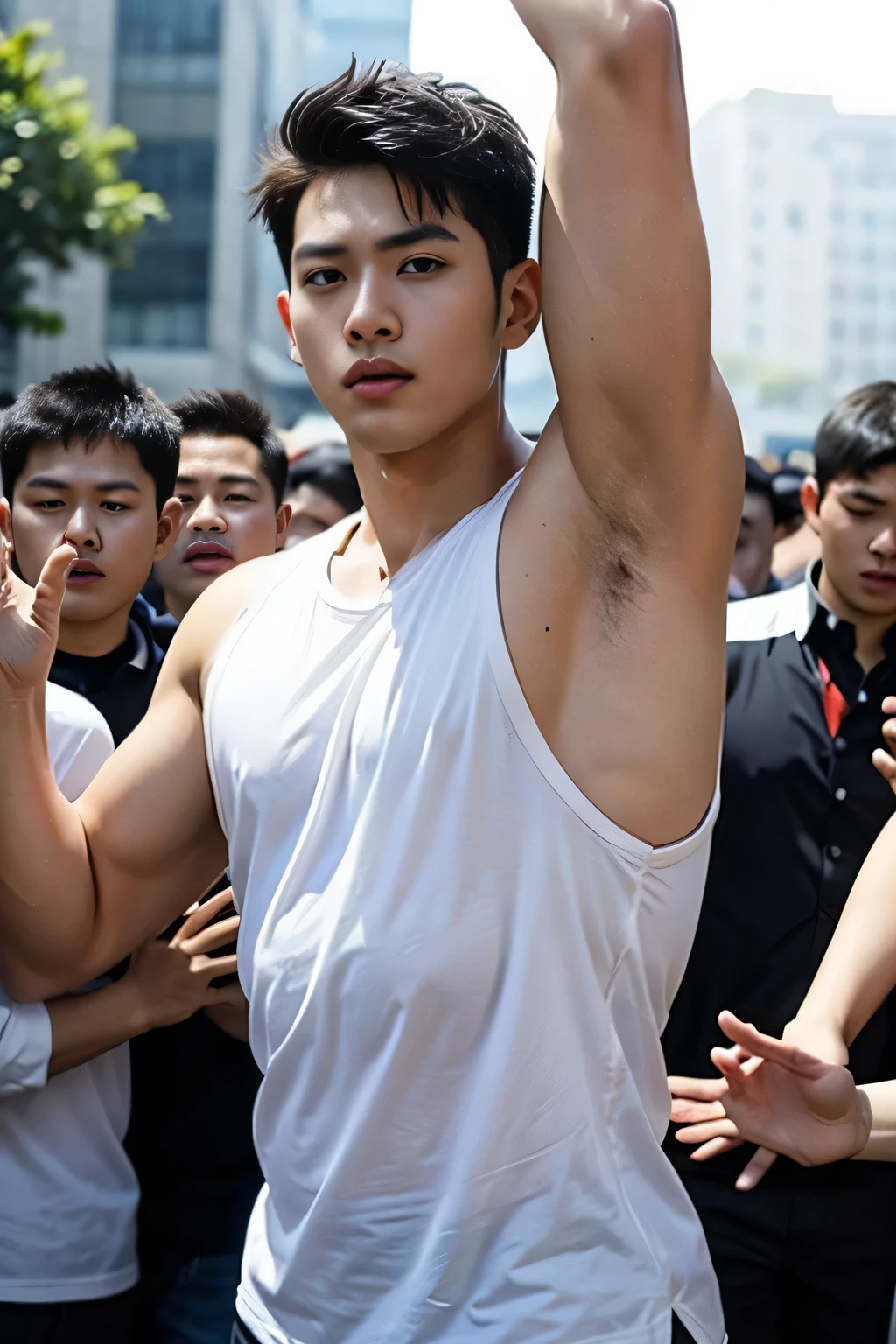 shirt, raise your hands high, crowded, rất crowded xung quanh, No face visible, armpit, armpit, armpit, tập trung vào armpit, Man, beautiful muscles, Asian man