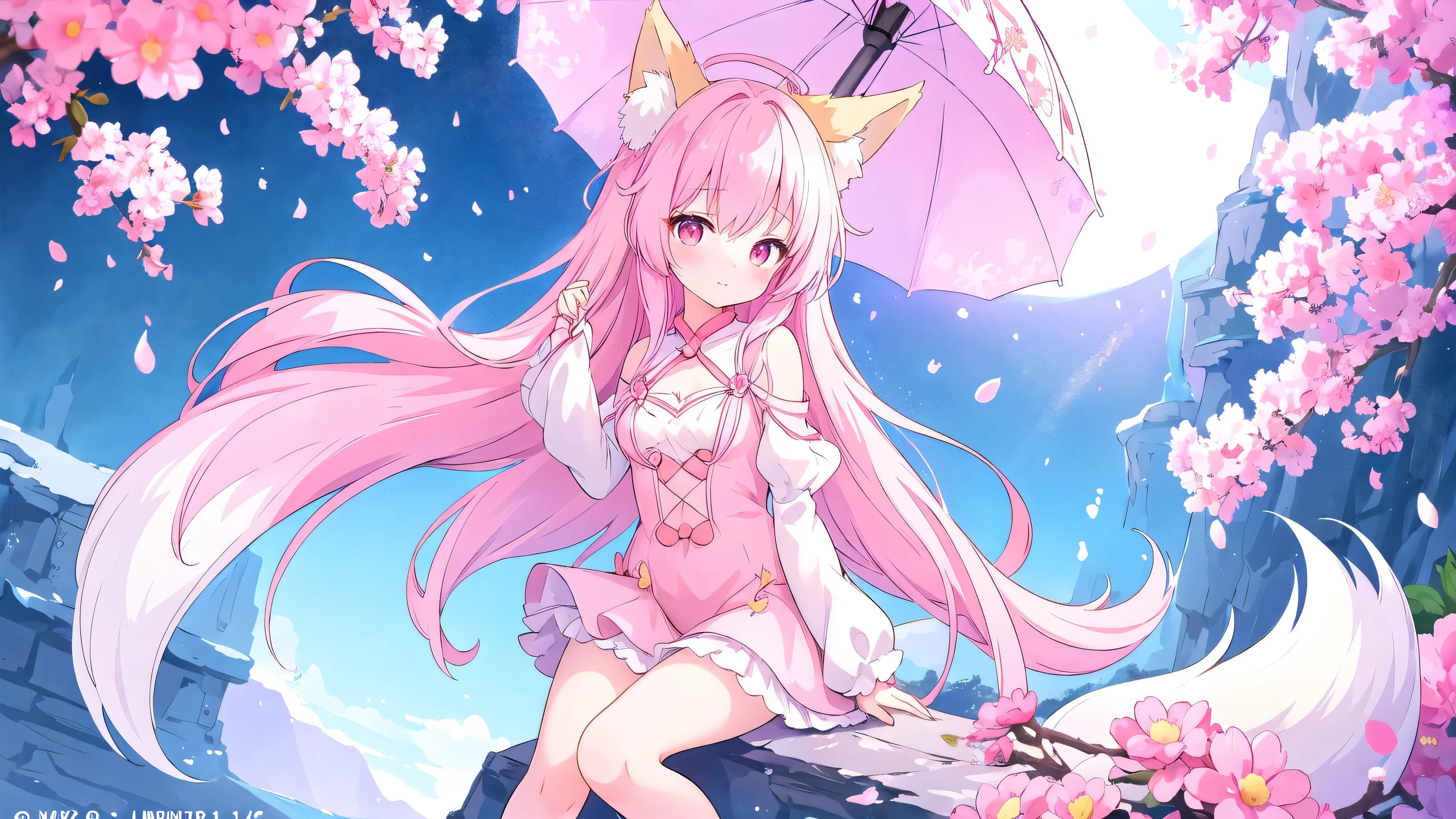 9 snow-white fox tails (1.0), Milky Fox Tail (1.0), Nine-Tailed Foxの狐のクローズアップ, Nine-Tailed Fox, Nine-Tailed Fox, With pink hair、Anime girl in a pink dress with flowers in her hair, very Beautiful anime fox girl, Beautiful anime fox girl, Beautiful fantasy anime, Gweitz, Anime girl with fox ears, Beautiful Anime Girls, Very beautiful and cute fox girl, Pink flower rain, Background Blur, Anime Style 4k, Anime fantasy artwork, 4k anime wallpaper, Gubes-inspired artwork