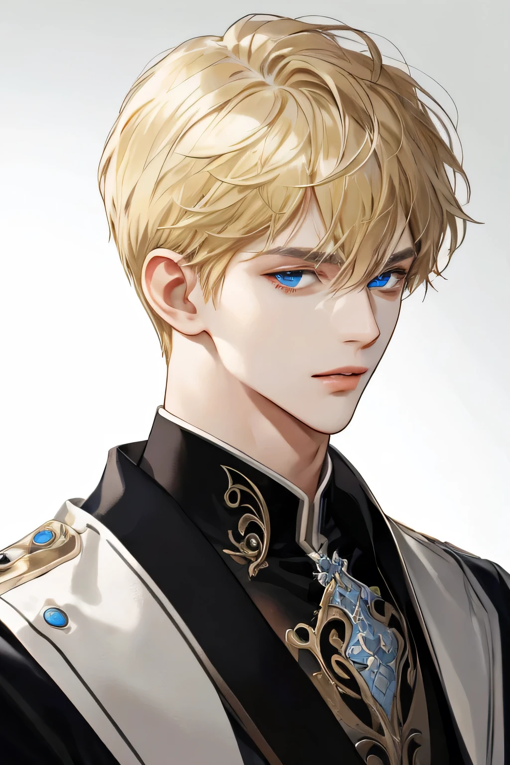 ((best quality)), 1 man, portrait, Beautiful handsome, alone, lips, male focus, random color, looking at the viewer, short hair, gentle expression, suit,blonde platina hair, blue eyes