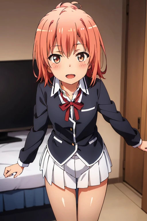 ((highest quality)), ((masterpiece)), (be familiar with), Perfect Face, indoor, Bedroom, Watching the audience,
One woman, Yuigahama Yui,
Open Mouth, Ecstatic expression, blush, smile,
Small breasts, Flat Chest, Young Girl, , , Girl,
Short Hair, Salmon-colored hair, Salmon-colored eyes, Side Pony,
Leg spread,