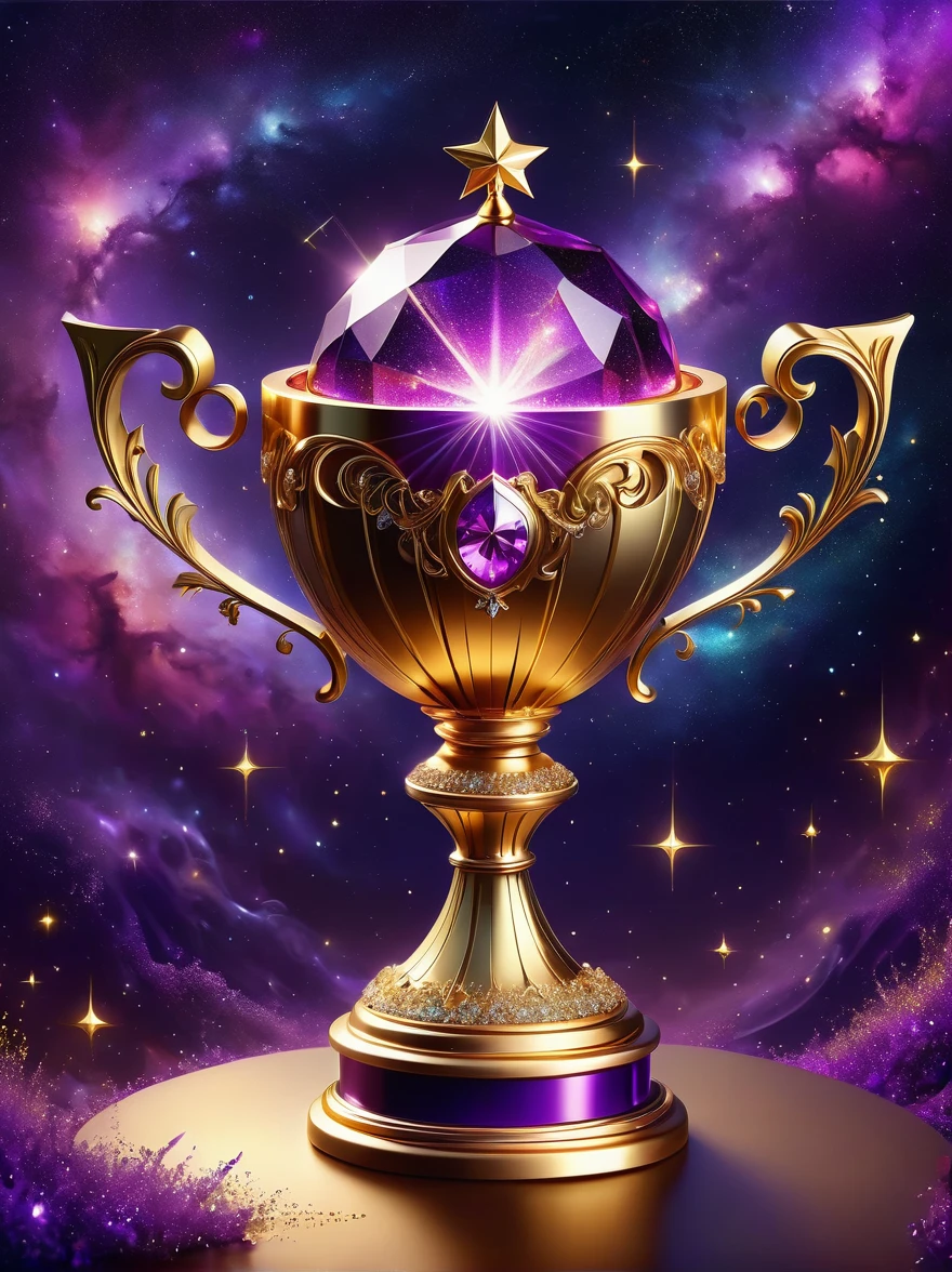 Gold trophy close-up，Glittery gold trophy, Magical Wish Gold Trophy, Magic Crystal, Magic trophy inlaid with diamonds, purple glitter, Gold and purple, The ring is bright,, sparkling metallic light, Purple glow, The background is the mysterious universe starry sky, Trophy Photography, gems and gold，(best illustrations)，(The best shadow)，Isometric 3D，Octane Rendering，Surrealism，Ultra HD, Super Detail, best quality, High Detail, 8k, high resolution，