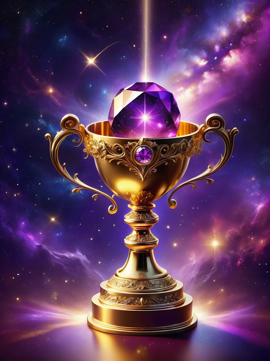 Gold trophy close-up，Glittery gold trophy, Magical Wish Gold Trophy, Magic Crystal, Magic trophy inlaid with diamonds, purple glitter, Gold and purple, The ring is bright,, sparkling metallic light, Purple glow, The background is the mysterious universe starry sky, Trophy Photography, gems and gold，(best illustrations)，(The best shadow)，Isometric 3D，Octane Rendering，Surrealism，Ultra HD, Super Detail, best quality, High Detail, 8k, high resolution，