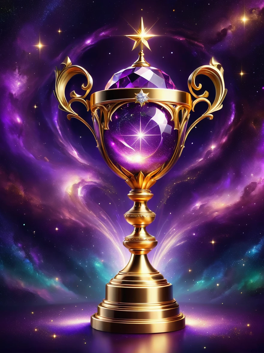 Gold trophy close-up，Glittery gold trophy, Magical Wish Gold Trophy, Magic Crystal, Magic trophy inlaid with diamonds, purple glitter, Gold and purple, The ring is bright,, sparkling metallic light, Purple glow, The background is the mysterious universe starry sky, Trophy Photography, gems and gold，(best illustrations)，(The best shadow)，Isometric 3D，Octane Rendering，Surrealism，Ultra HD, Super Detail, best quality, High Detail, 8k, high resolution，