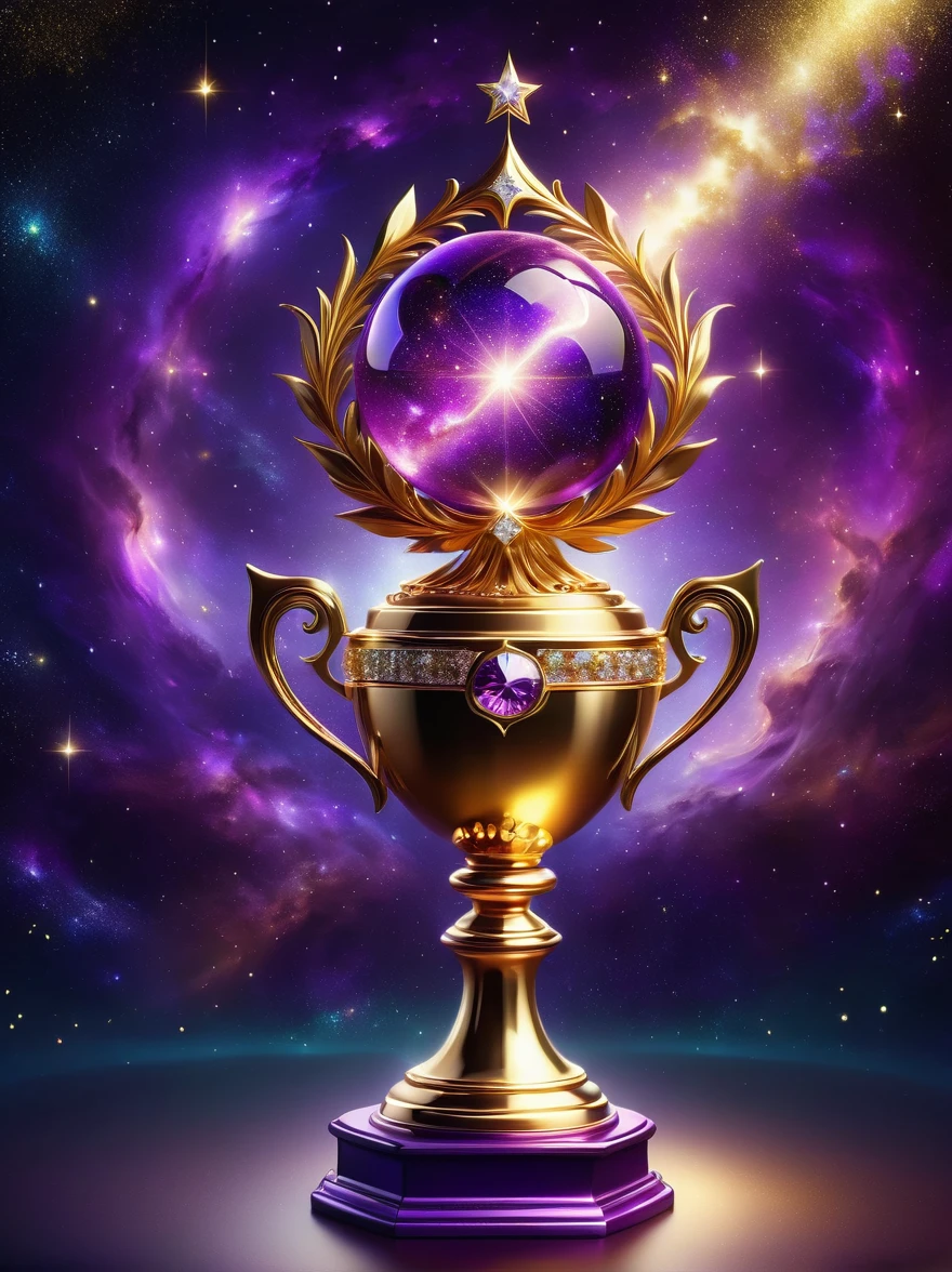 Gold trophy close-up，Glittery gold trophy, Magical Wish Gold Trophy, Magic Crystal, Magic trophy inlaid with diamonds, purple glitter, Gold and purple, The ring is bright,, sparkling metallic light, Purple glow, The background is the mysterious universe starry sky, Trophy Photography, gems and gold，(best illustrations)，(The best shadow)，Isometric 3D，Octane Rendering，Surrealism，Ultra HD, Super Detail, best quality, High Detail, 8k, high resolution，